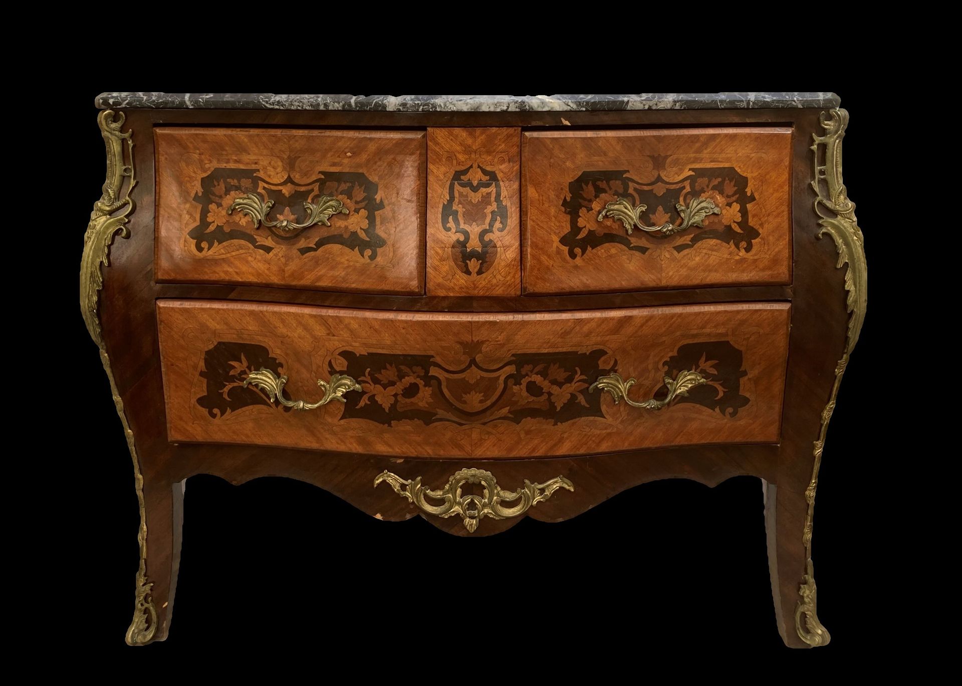Null A curved chest of drawers made of inlaid wood with floral scrolls, opening &hellip;