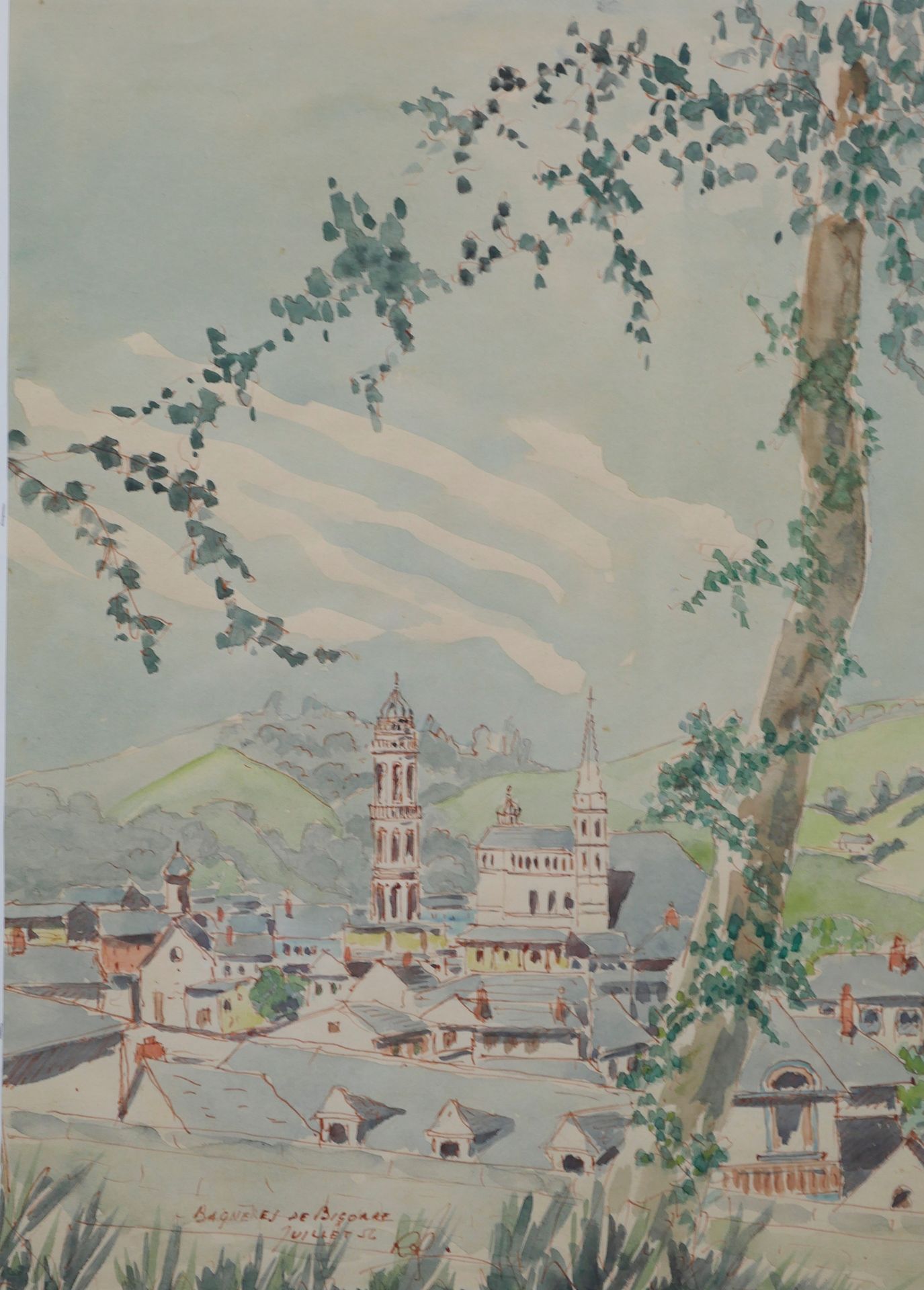 Null 法国学校20世纪。Bagnères-de-Bigorre, 1956.纸上水彩和墨水，有标题、日期和字样。31 x 21.8厘米（展出，装裱）。