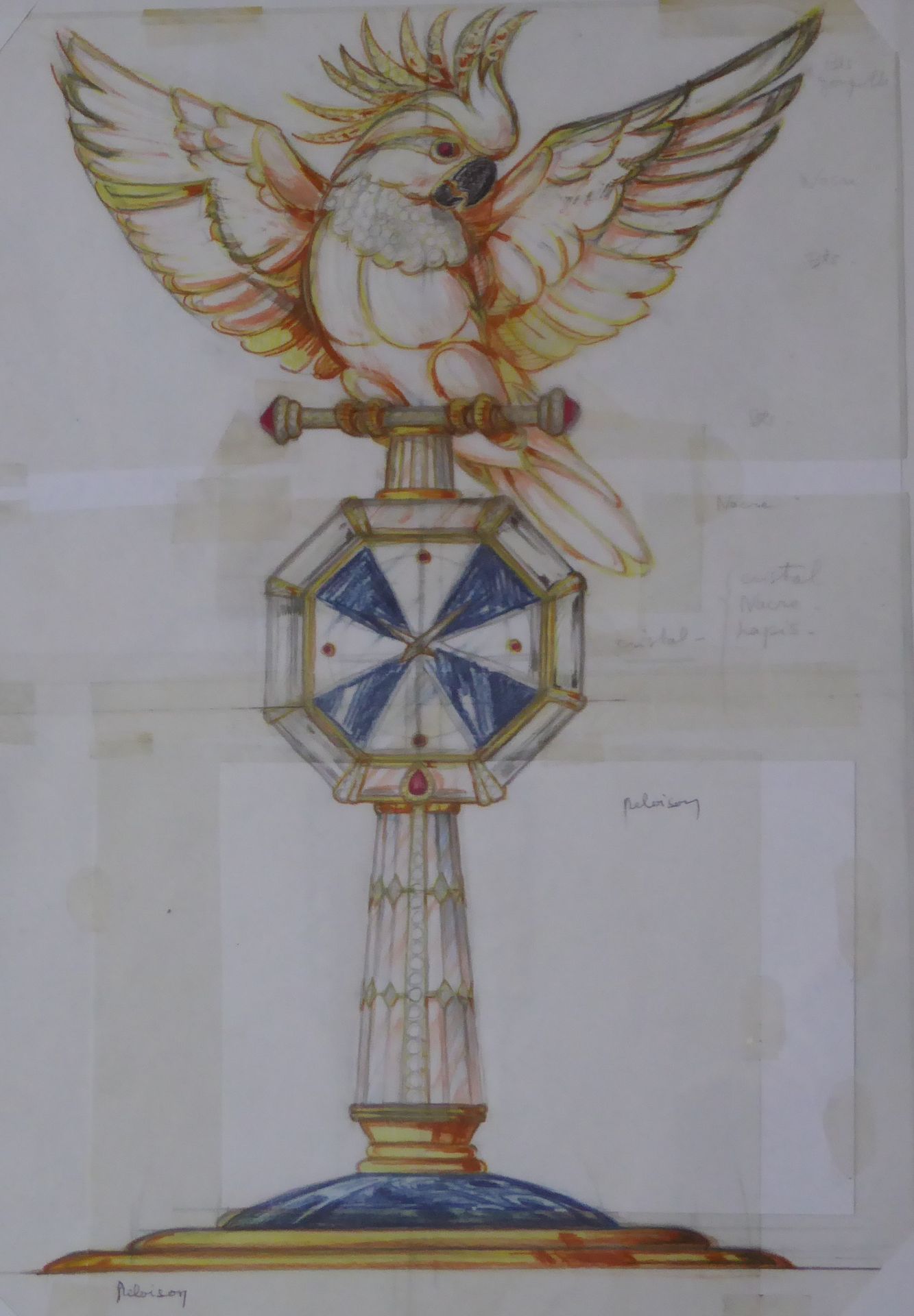 Null Philippe DELOISON (20th). Drawing for the clock Cockatoo with spread wings &hellip;