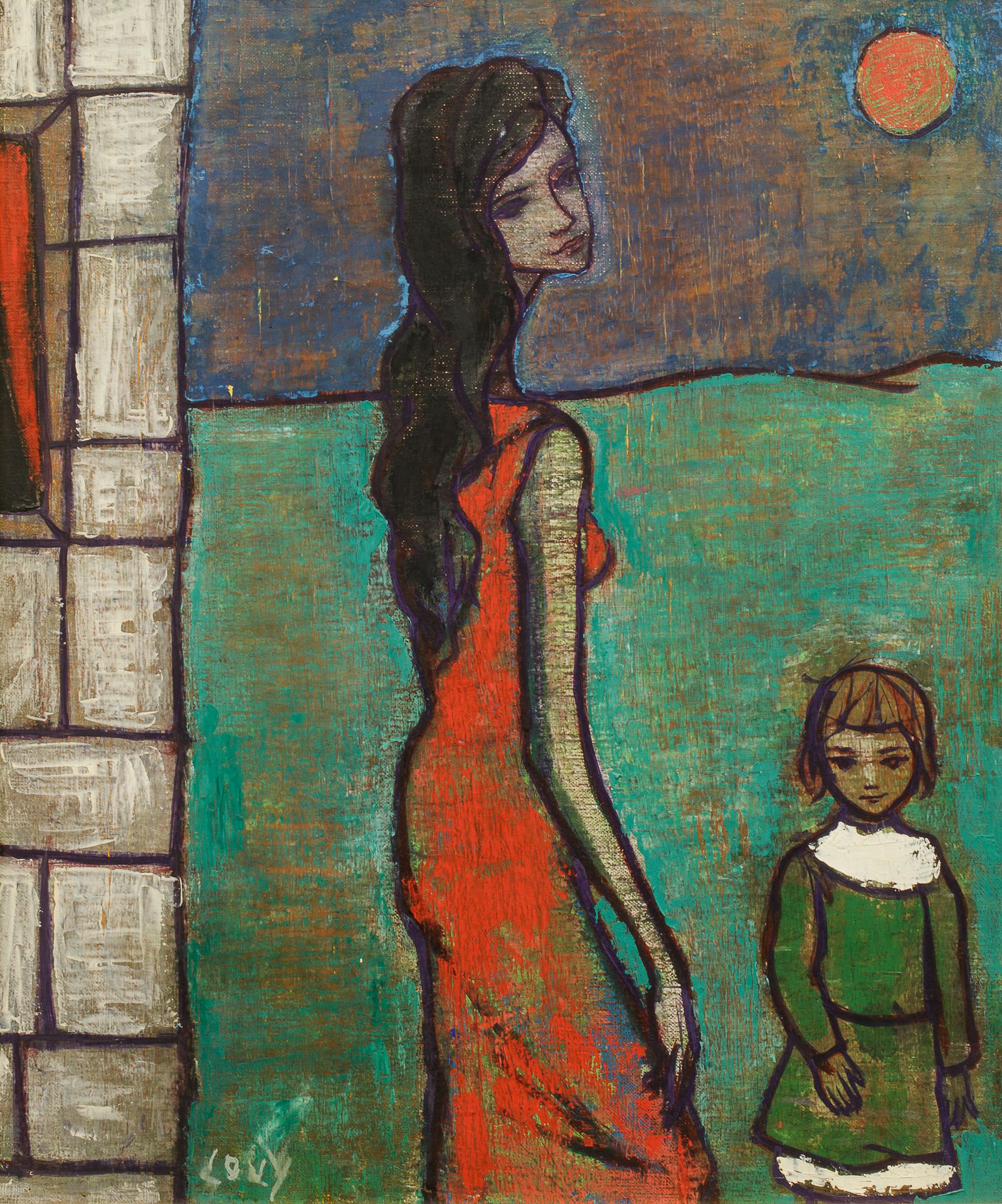 Null 洛维（20岁）。那个带着孩子的女人。丙烯酸在帆布上。左下方有签名 - 55 x 46 cm