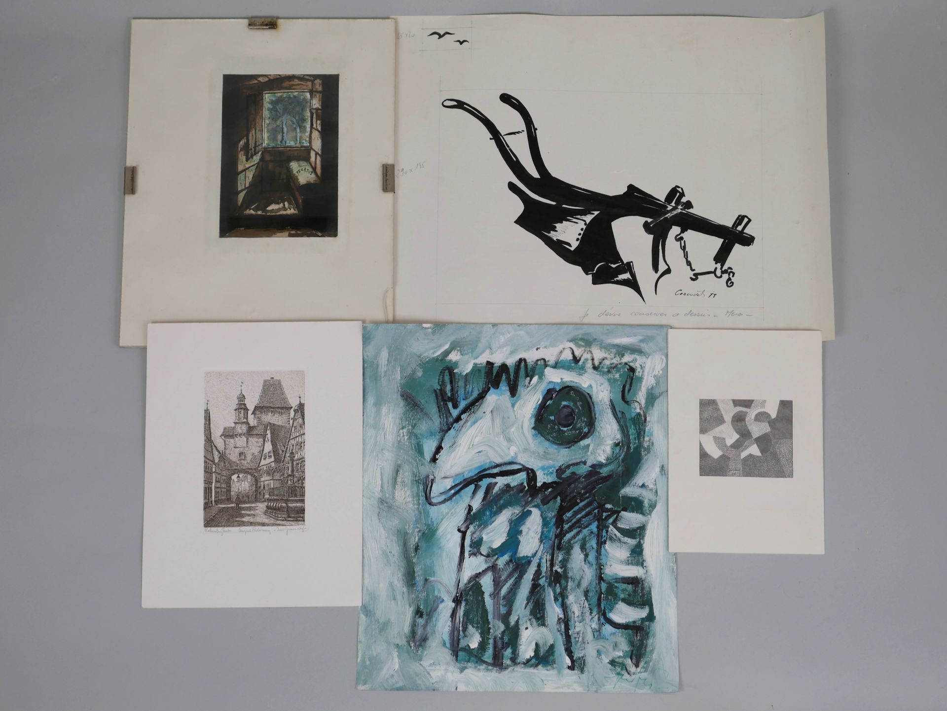Null 本拍品包括版画、素描、水彩画和表现旧车的水墨画，签名为CORNUDET，日期为1978年。30 x 40厘米