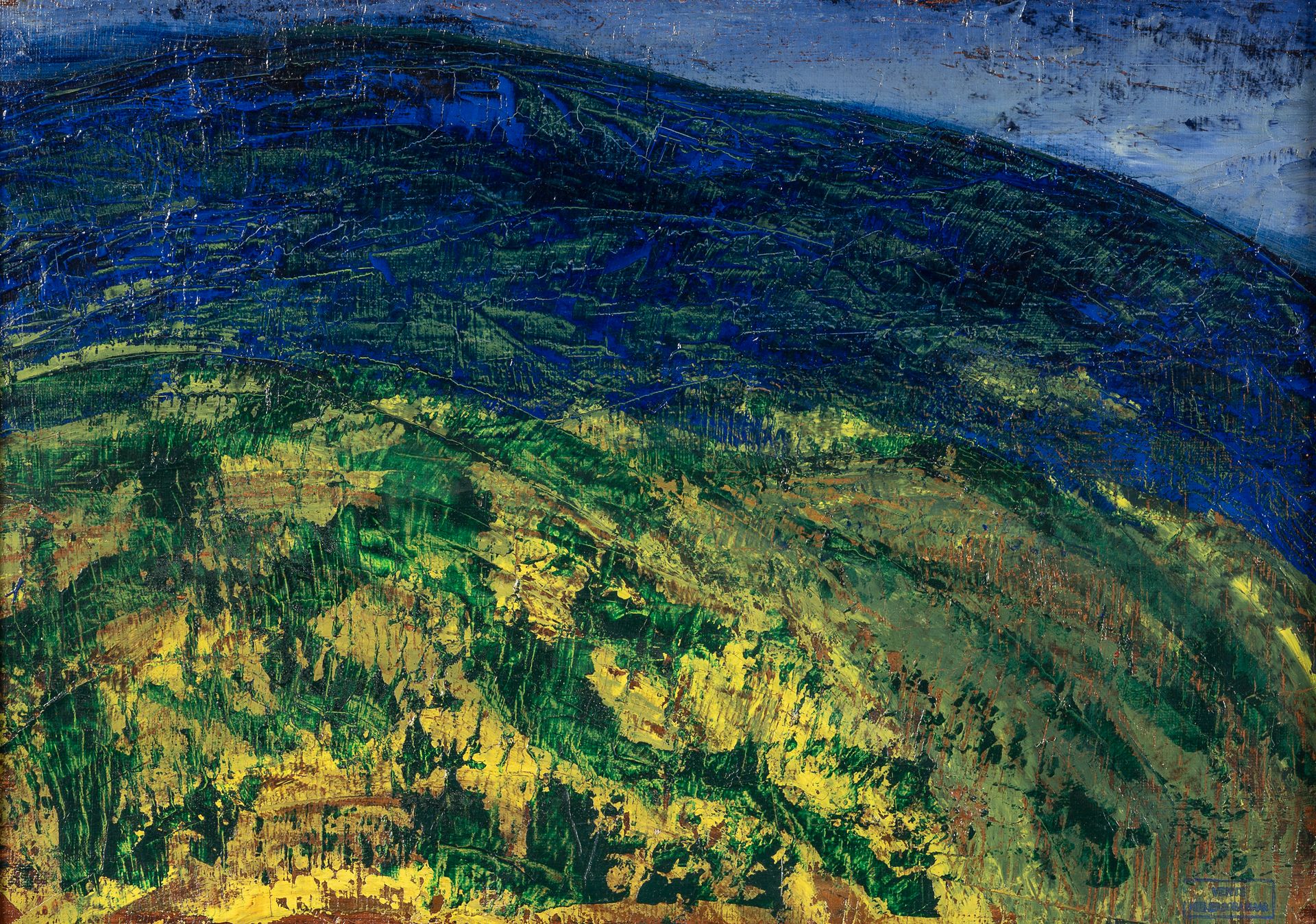 Null 多拉-玛尔（1907-1997）。吕贝隆的景观。布面油画，印有1999年出售多拉-马尔工作室的印章。33 x 46厘米。