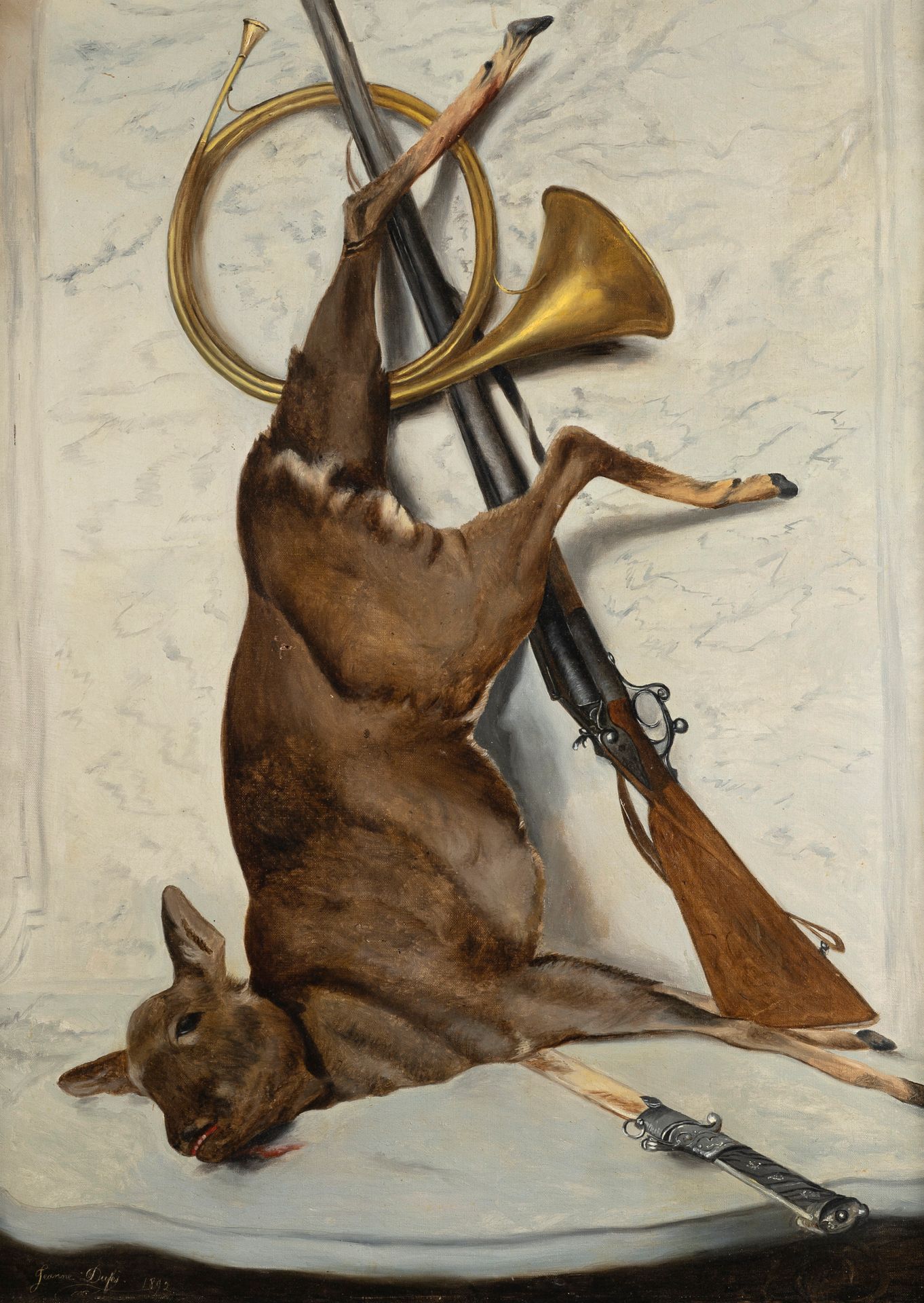 Null Jeanne DUFES (XIXè)

Trophée de chasse avec cors de chasse et couteau, 1892&hellip;