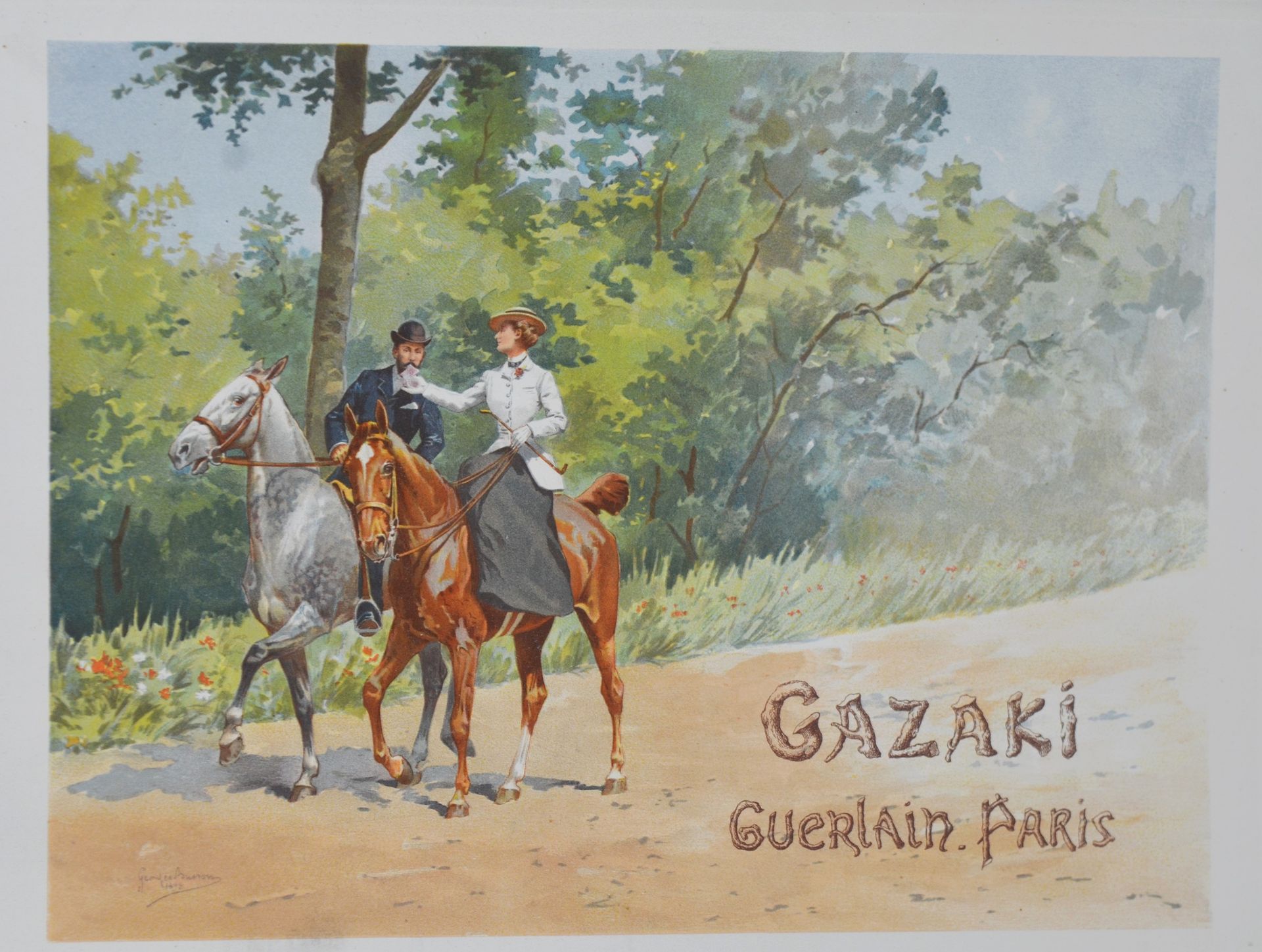 Null 古埃林 "加扎基

罕见的纸板广告，第一时期，有装饰，标题为 "Gazaki Guerlain Paris"。

尺寸为45 x 63厘米。