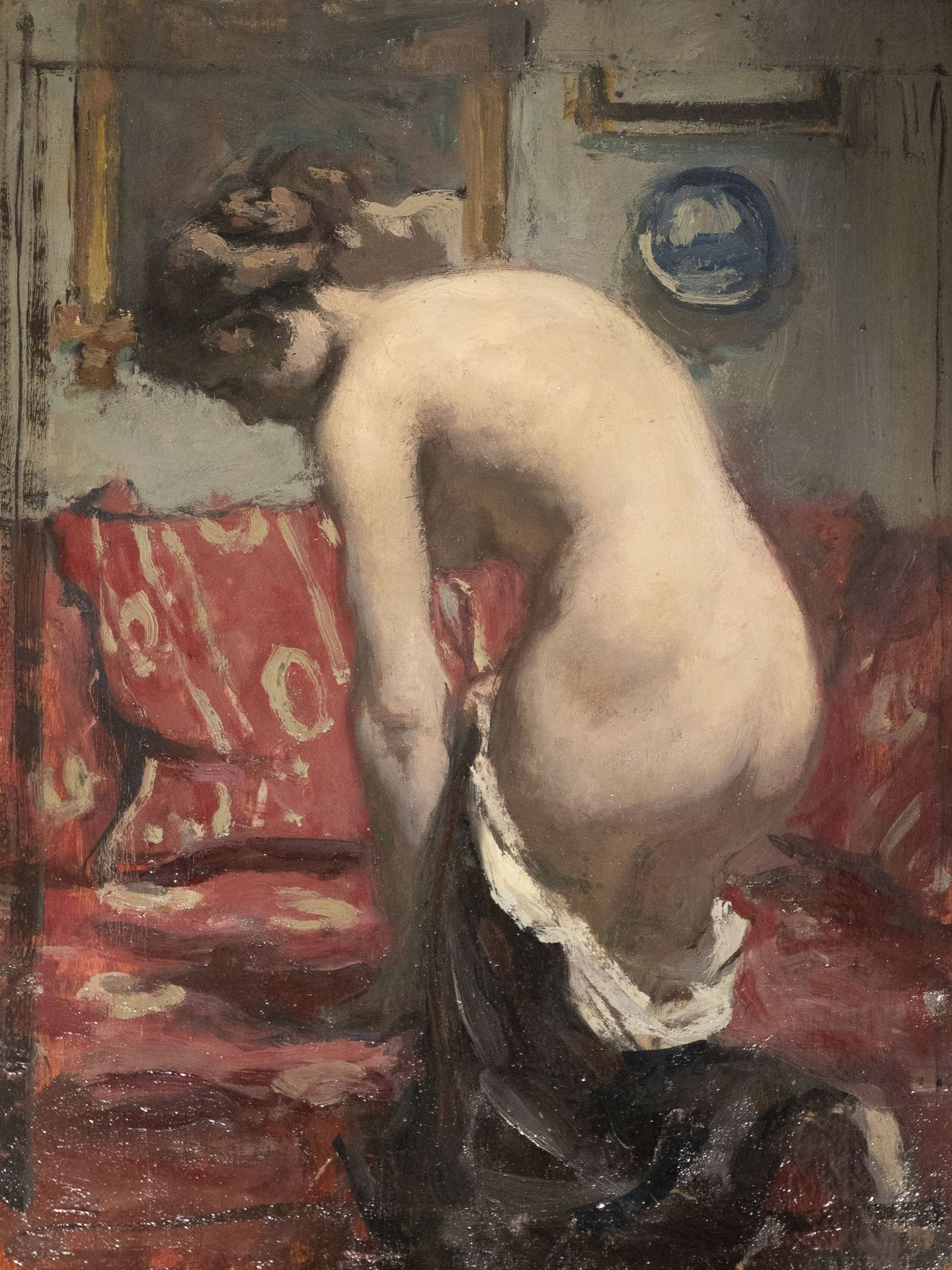 Null 勒内-普里涅（1861-1946）
脱衣的年轻裸女
板上油画。
35 x 26 厘米