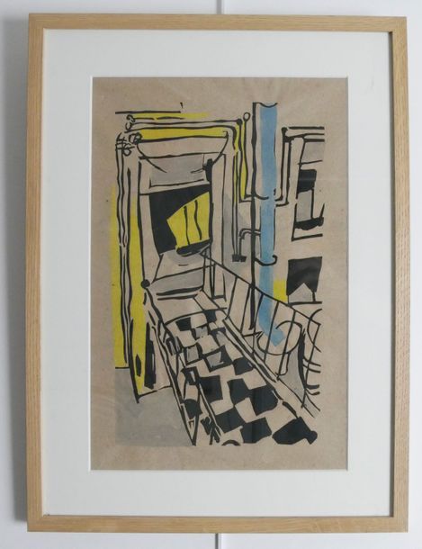 Null Ivan (Jean) POUGNY (1892-1956), L'intérieur, linogravure rehaussée au pocho&hellip;