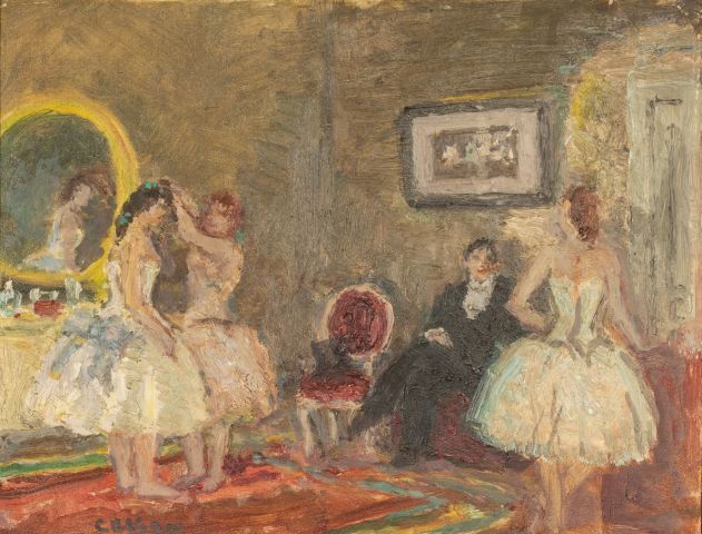 Null Marcel COSSON (1878-1956) - Les danseuses en loges - Huile sur Isorel signé&hellip;