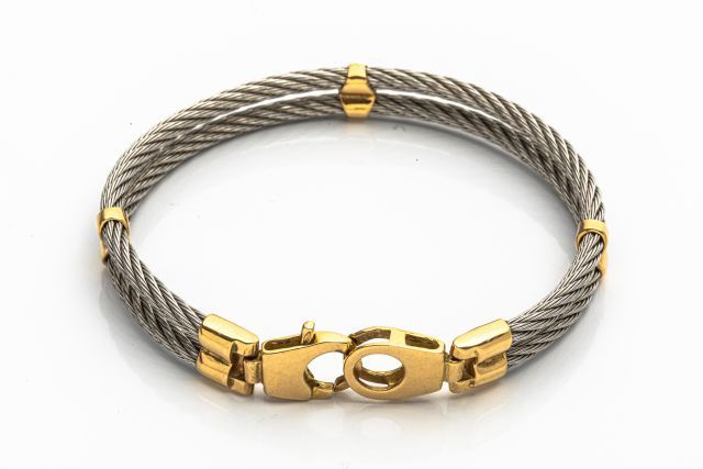 Null Bracelet cable acier et or jaune 18k Style Fred - Poids: 13,61gr.
