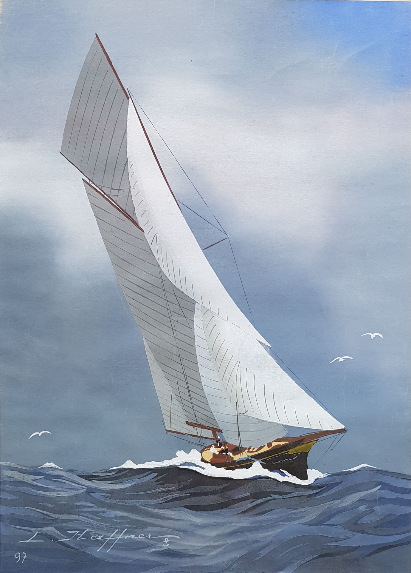 HAFFNER Léon (1881-1972) 
" Voilier " Gouache, 44 x 31 cm et encadrée 54,5 x 44,&hellip;