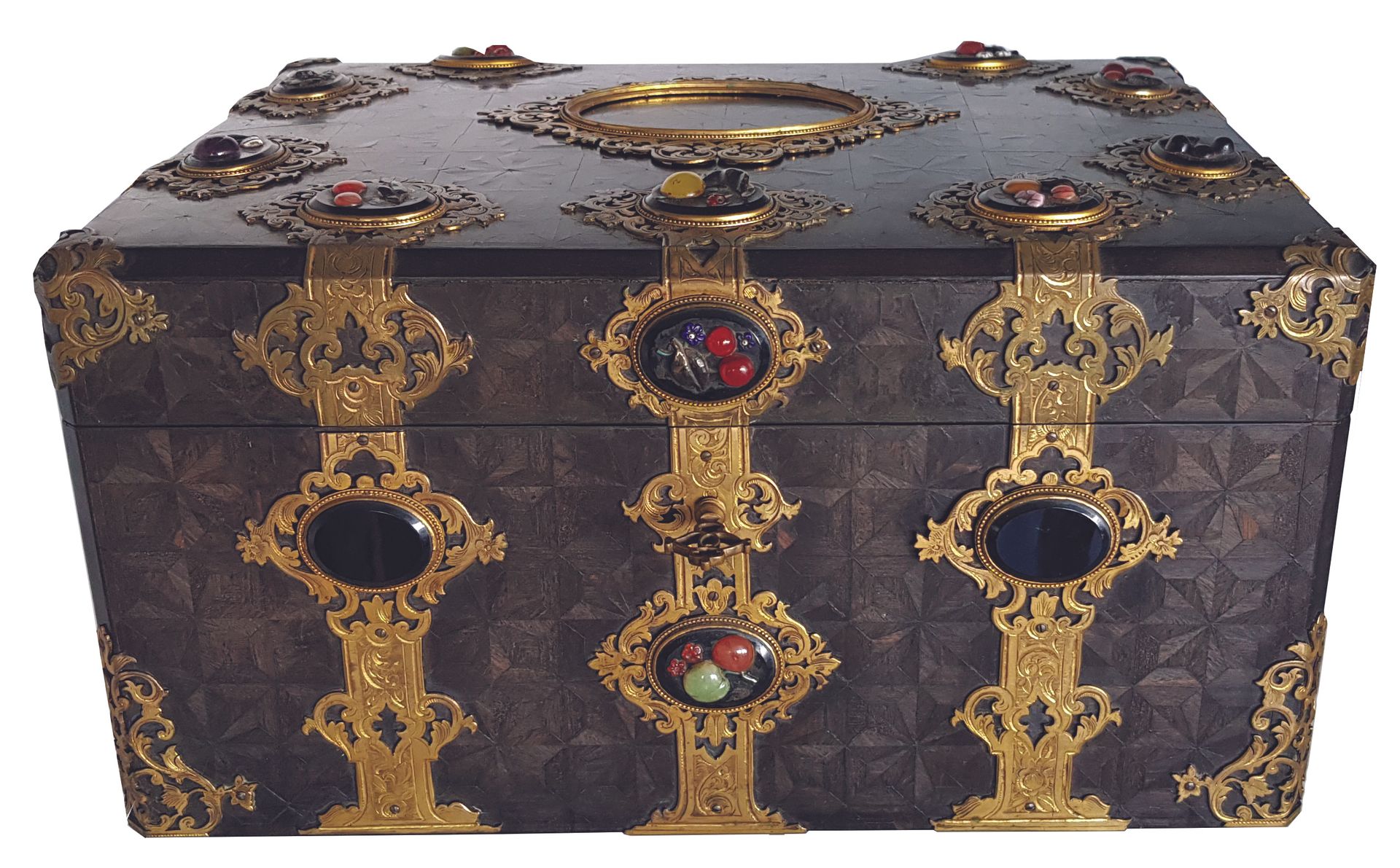 Alphonse GIROUX (1776-1848) 
黑檀木饰面的长方形盒子，镶嵌有星形图案，所有的侧面和盖子上都装饰有精细的镂空和描金的青铜铰链，上面镶嵌&hellip;