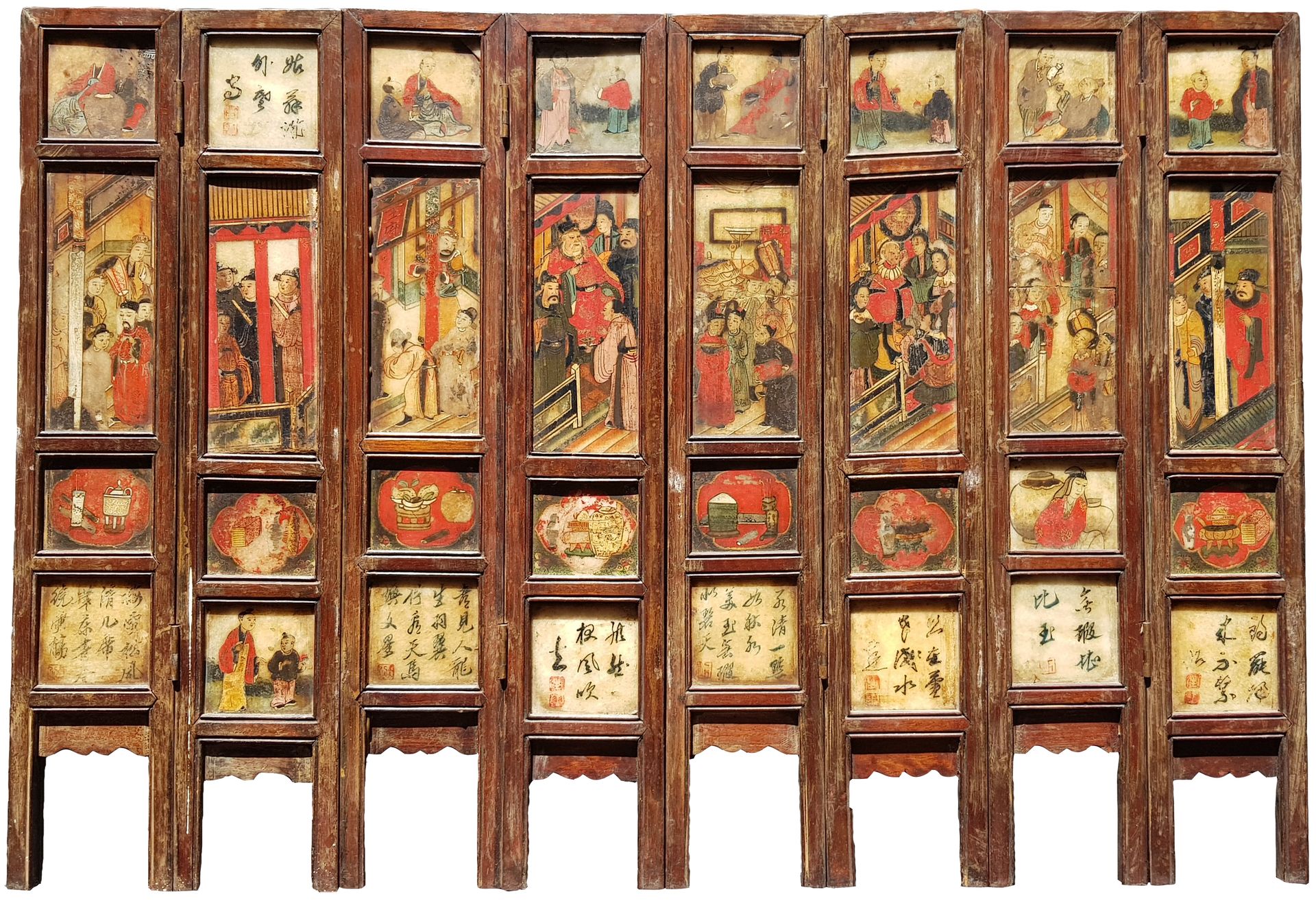 CHINE - XIXe siècle 
Un piccolo schermo pieghevole a otto fogli di legno e piast&hellip;
