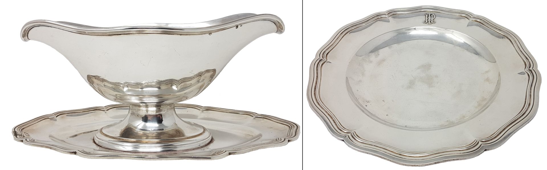 TETARD FRERES 
银质酱缸，有一个粘性托盘，边缘有圆角的轮廓，由Huguenot tureen（1903-1910）的金匠大师打上标记。重量：470&hellip;