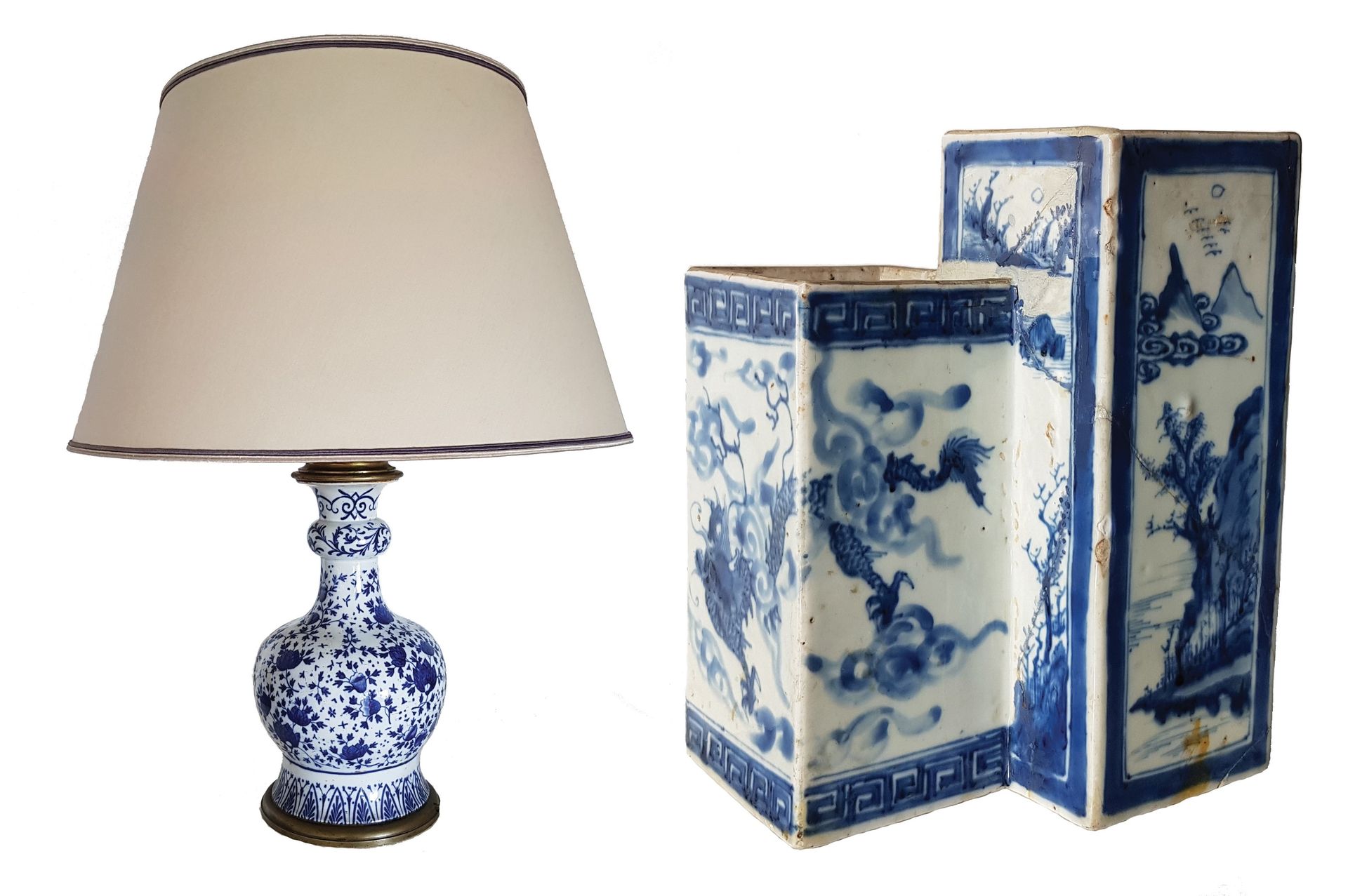 CHINE XIXe siècle 
Porcelain lamp decorated in blue underglaze with foreign trib&hellip;