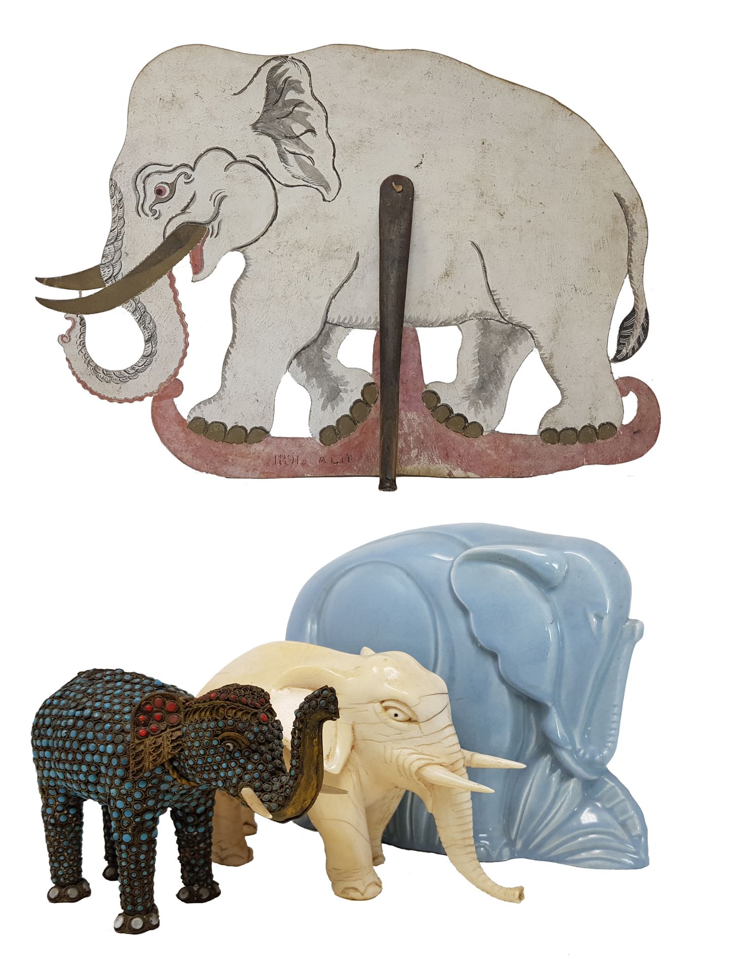 INDE - 1891 
Paper mache elephant, the wooden crutch. H. 44 cm L. 63 cm, dated 1&hellip;