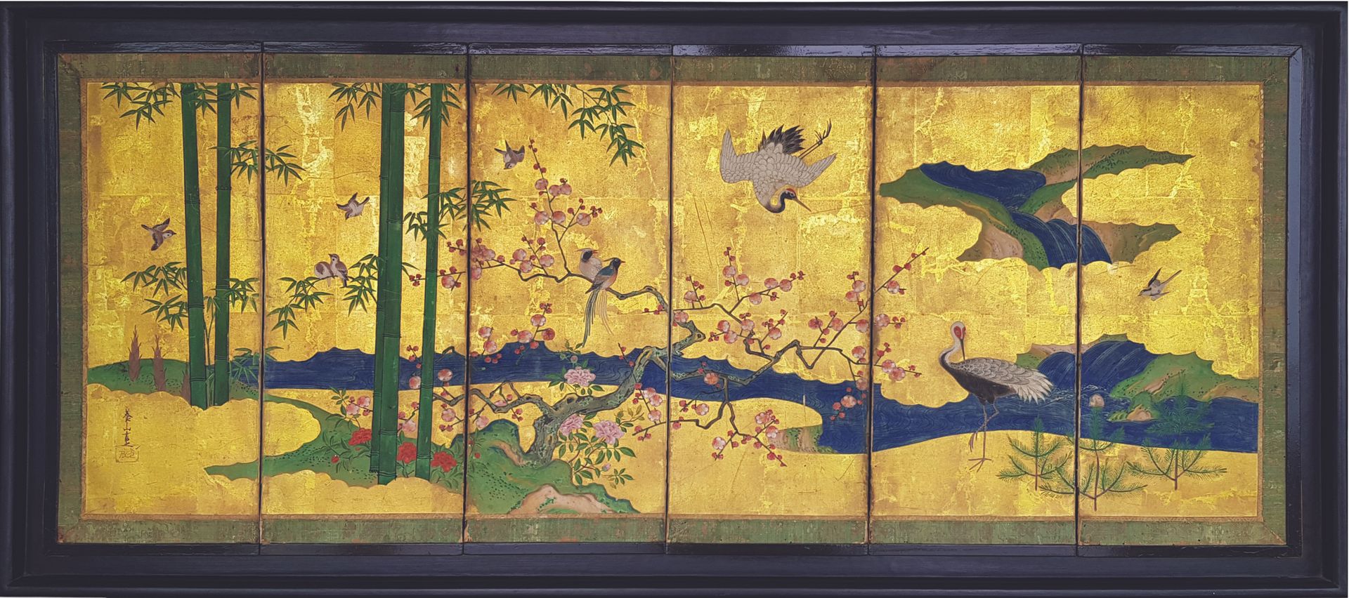 JAPON - Epoque MEIJI (1868 - 1912) 
Paravento a sei foglie, inchiostro e policro&hellip;