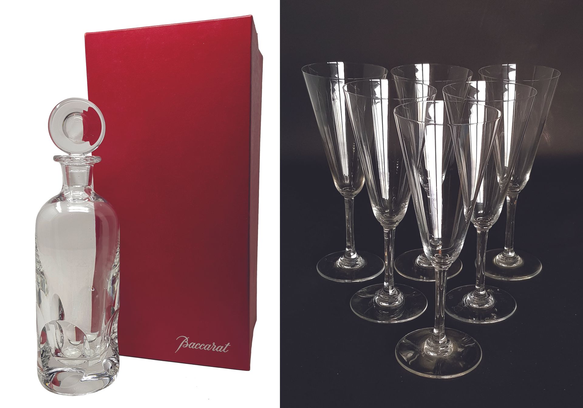 BACCARAT 
Decanter in cristallo e 6 flauti da champagne, marchio impresso. H. 33&hellip;