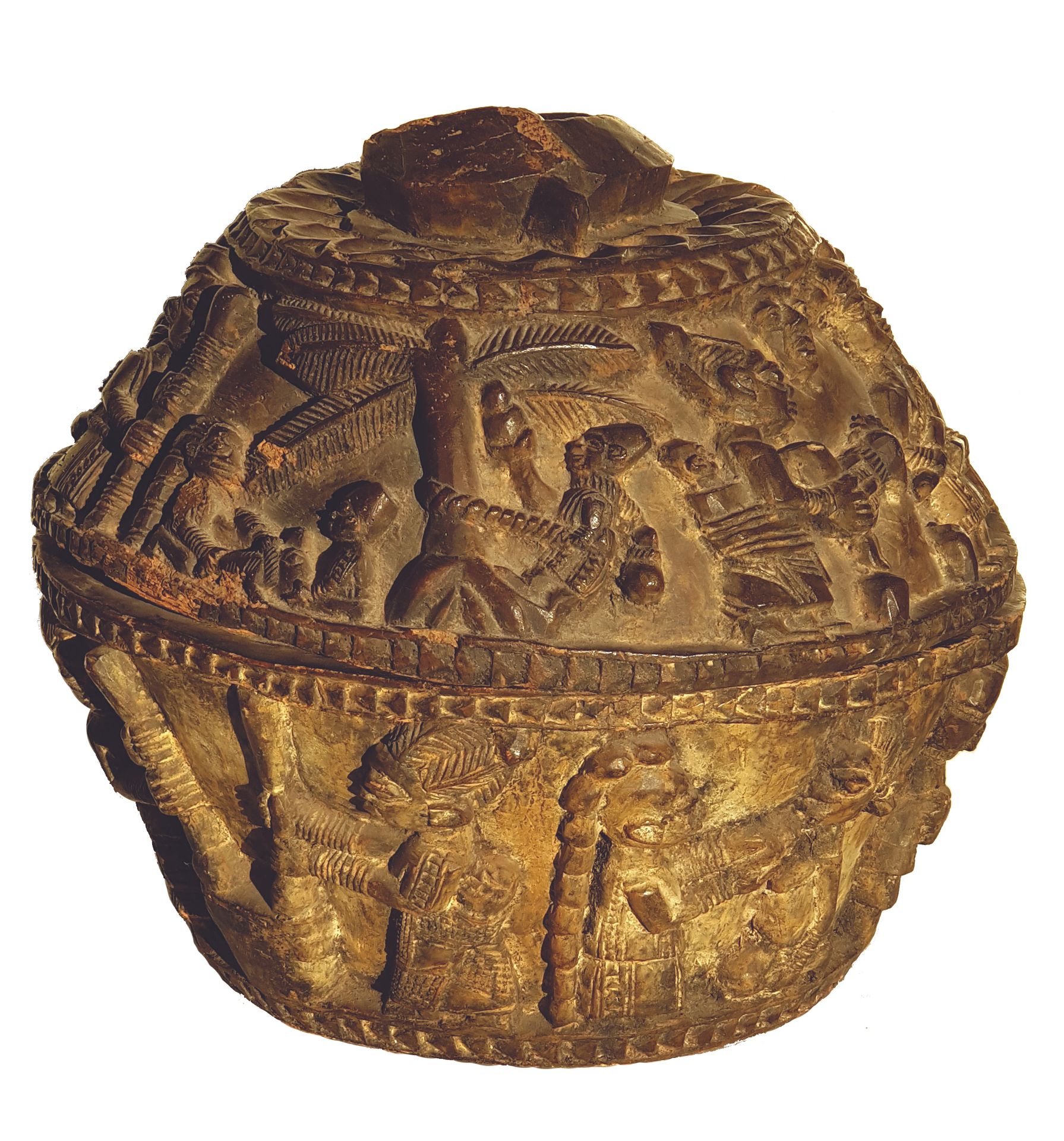 Grand vase YORUBA 
Aus Holz geschnitzt mit zahlreichen symbolischen Szenen, im G&hellip;