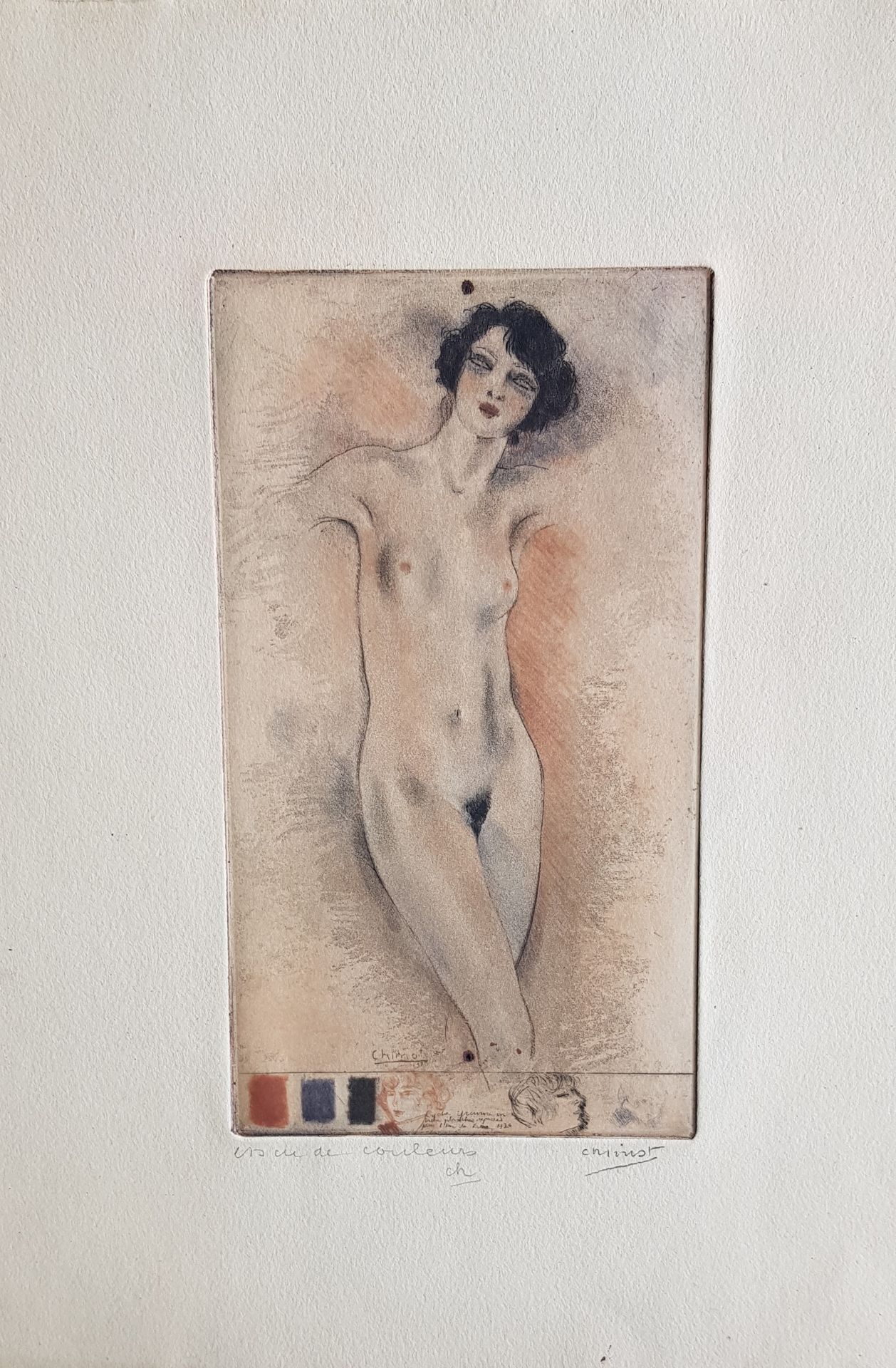 CHIMOT Édouard (1880 1959) "Nue à l'ombrelle "蚀刻版画，25.5 x 22 cm，所有边距，版上有签名和1920年&hellip;