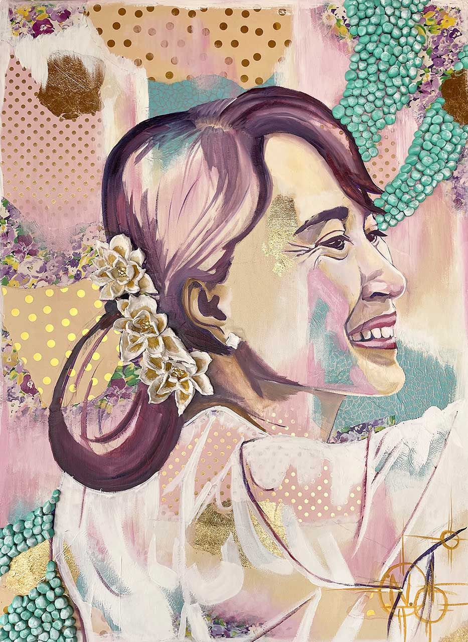 ZENATTI Natacha "Aung San Suu Kyi" Huile, acrylique, collages et relief sur toil&hellip;
