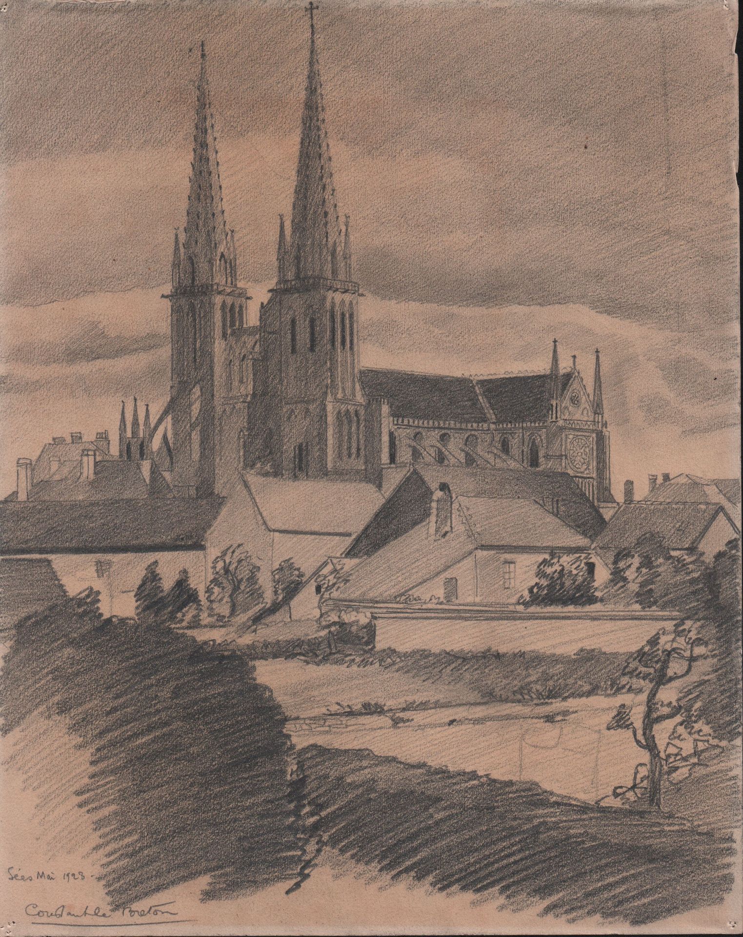 LE BRETON Constant "Cathédrale de Sées (Normandie)" Fusain sur papier 31 x 24 cm&hellip;