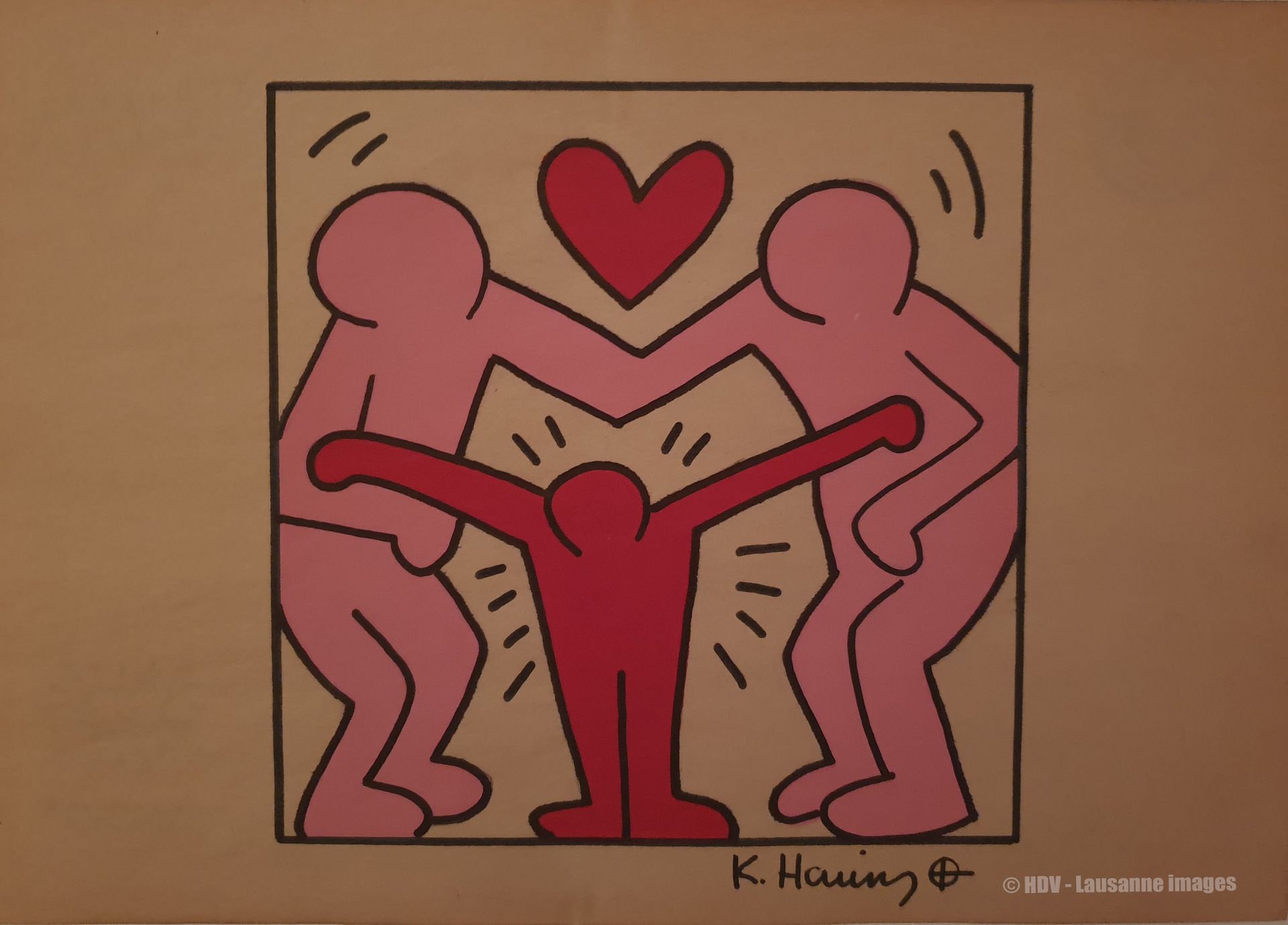 Keith HARING (1958 -1990) "En plein cœur" Acquerello su carta, 21 x 29,5 cm, fir&hellip;