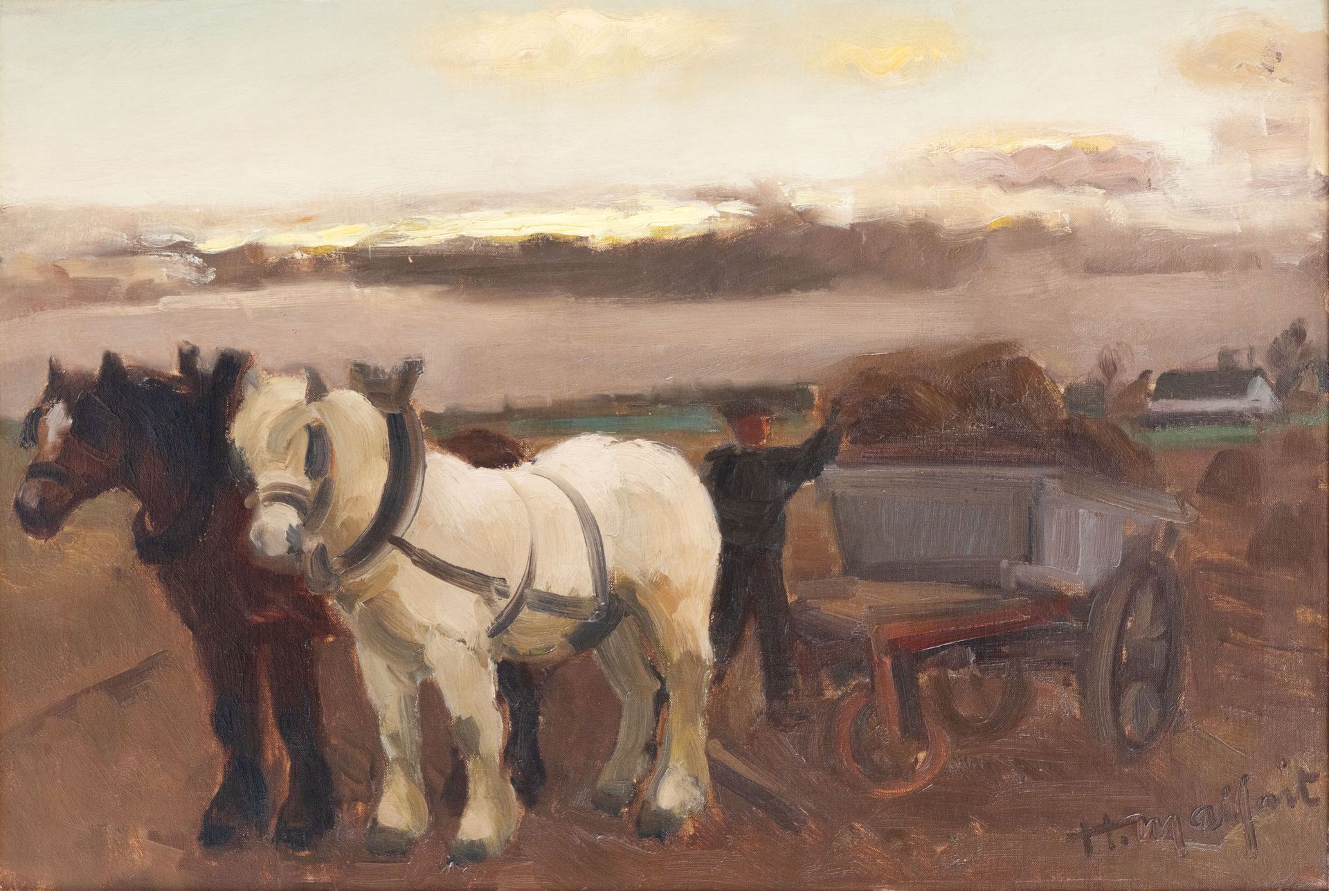 HUBERT MALFAIT (1898-1971) Attelage à chevaux au bord de la Lys, 1938.


Toile. &hellip;