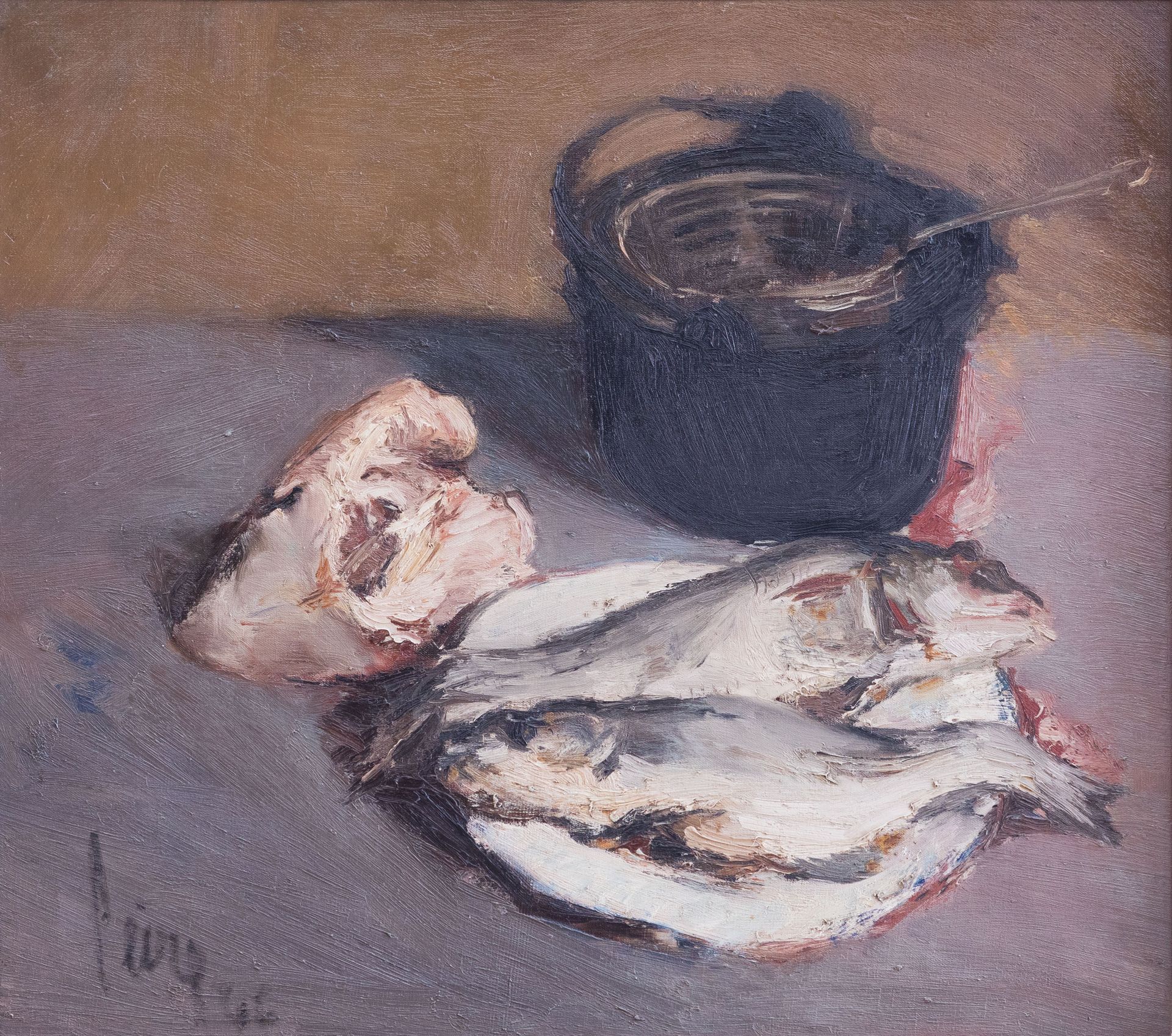 LUC PEIRE (1916-1994) Still life with black cauldron, fish and fish heads. C. 19&hellip;