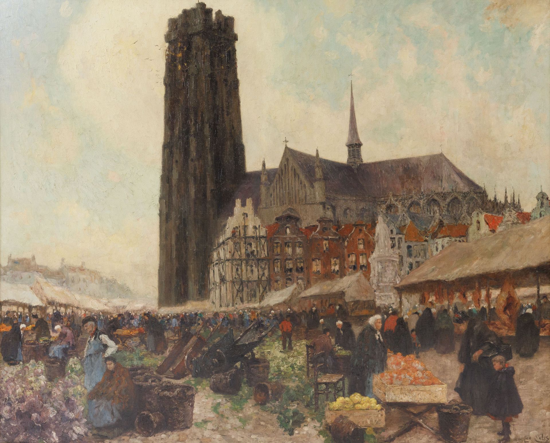 JULIEN CELOS (1884-1953) Marché aux légumes à Malines avec la cathédrale Saint-R&hellip;