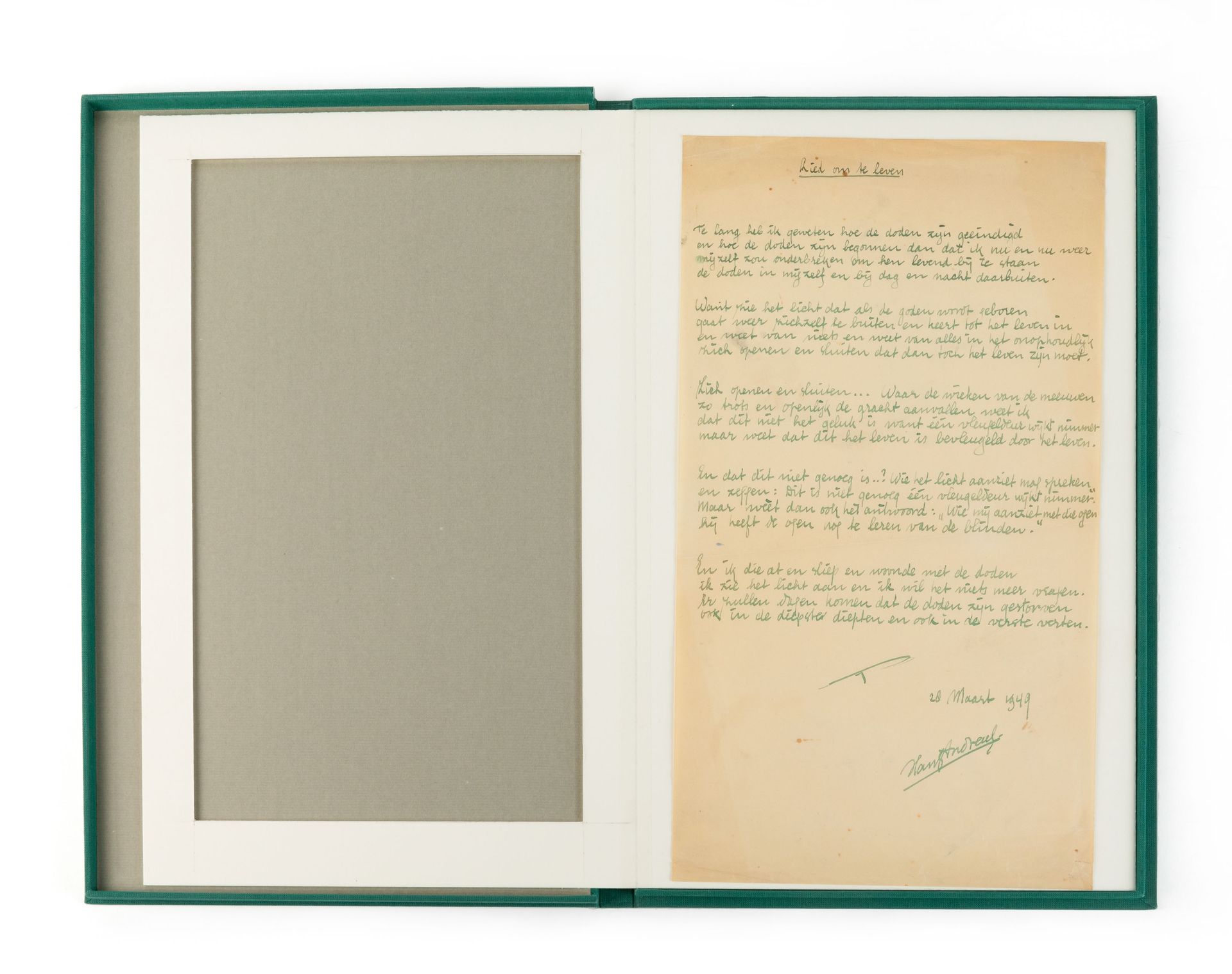 (handschrift) Hans Andreus, 'Lied om te leven'. Orig. Handschrift. 1p. In-4° rec&hellip;