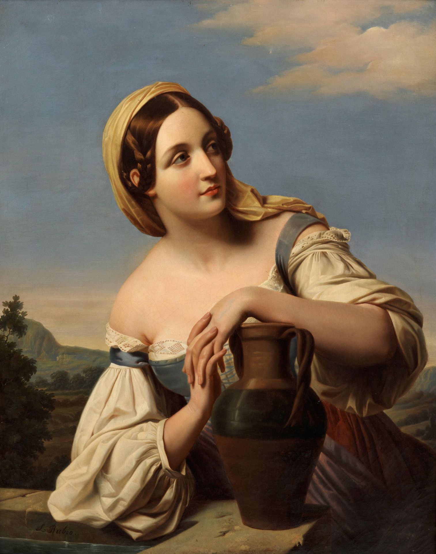 Luigi RUBIO (1808-1882) Giovane donna con brocca presso una fontana. 

Tessuto. &hellip;