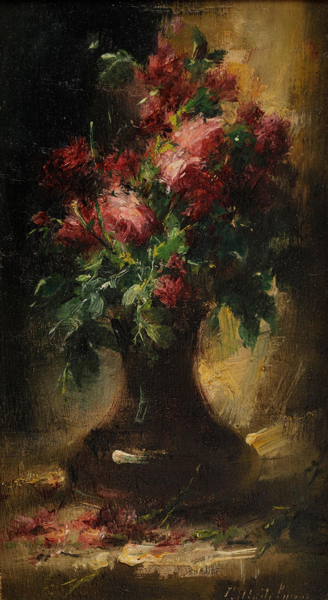 Frans mortelmans (1865-1936) Still life with red roses in a vase. 


Panel. 


S&hellip;
