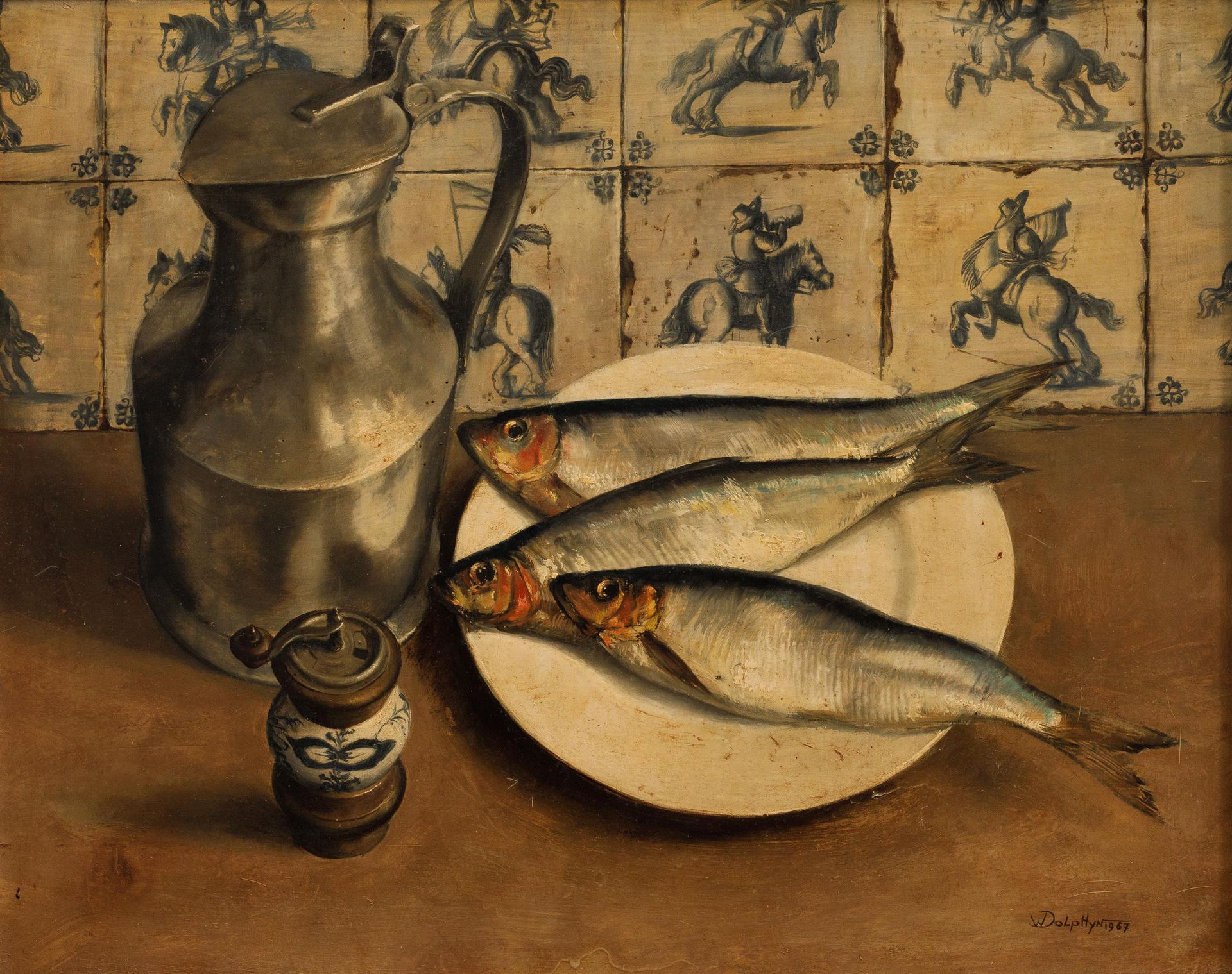 WILLEM DOLPHYN (1935-2016) Natura morta con pesce, macinapepe, brocca di latta d&hellip;