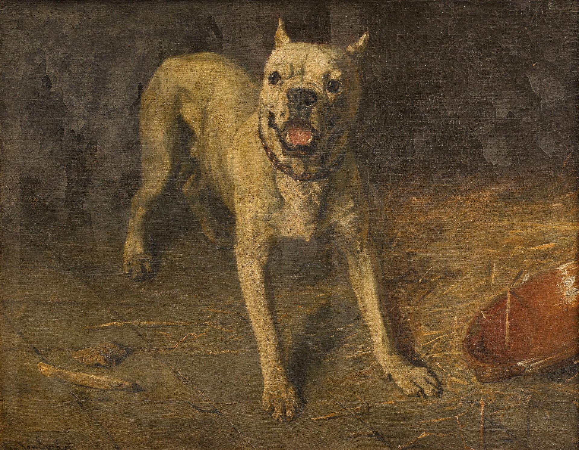 Charles van den eycken (1859-1923) 争吵的狗。

布质面板。

签名为 "Ch Van den Eycken"。

鎏金框架。&hellip;