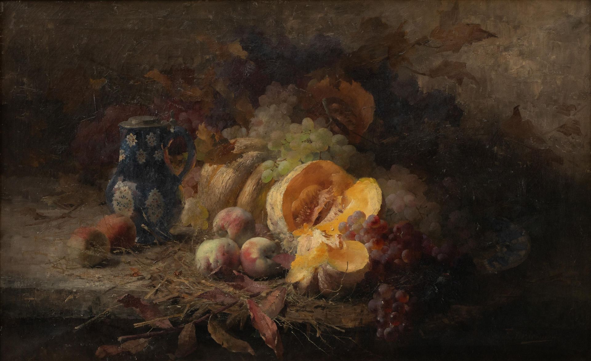 Frans mortelmans (1865-1936) 桌子上放着布鲁塞尔升的壶、苹果、绿葡萄和红葡萄以及瓜。

布质（原版）。签名为 "F.莫特曼斯的。

&hellip;