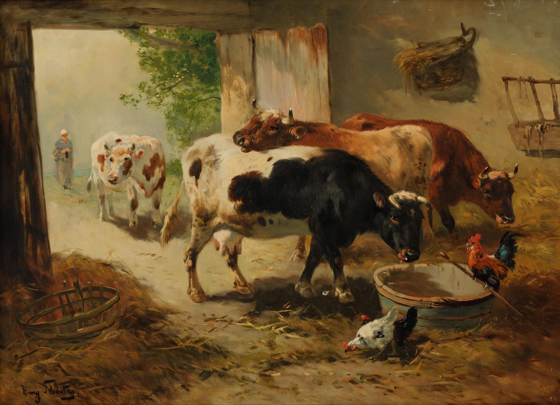 Henri SCHOUTEN (1857-1927) Mucche nella stalla. 

Tessuto. 

Firmato "Henry Scho&hellip;