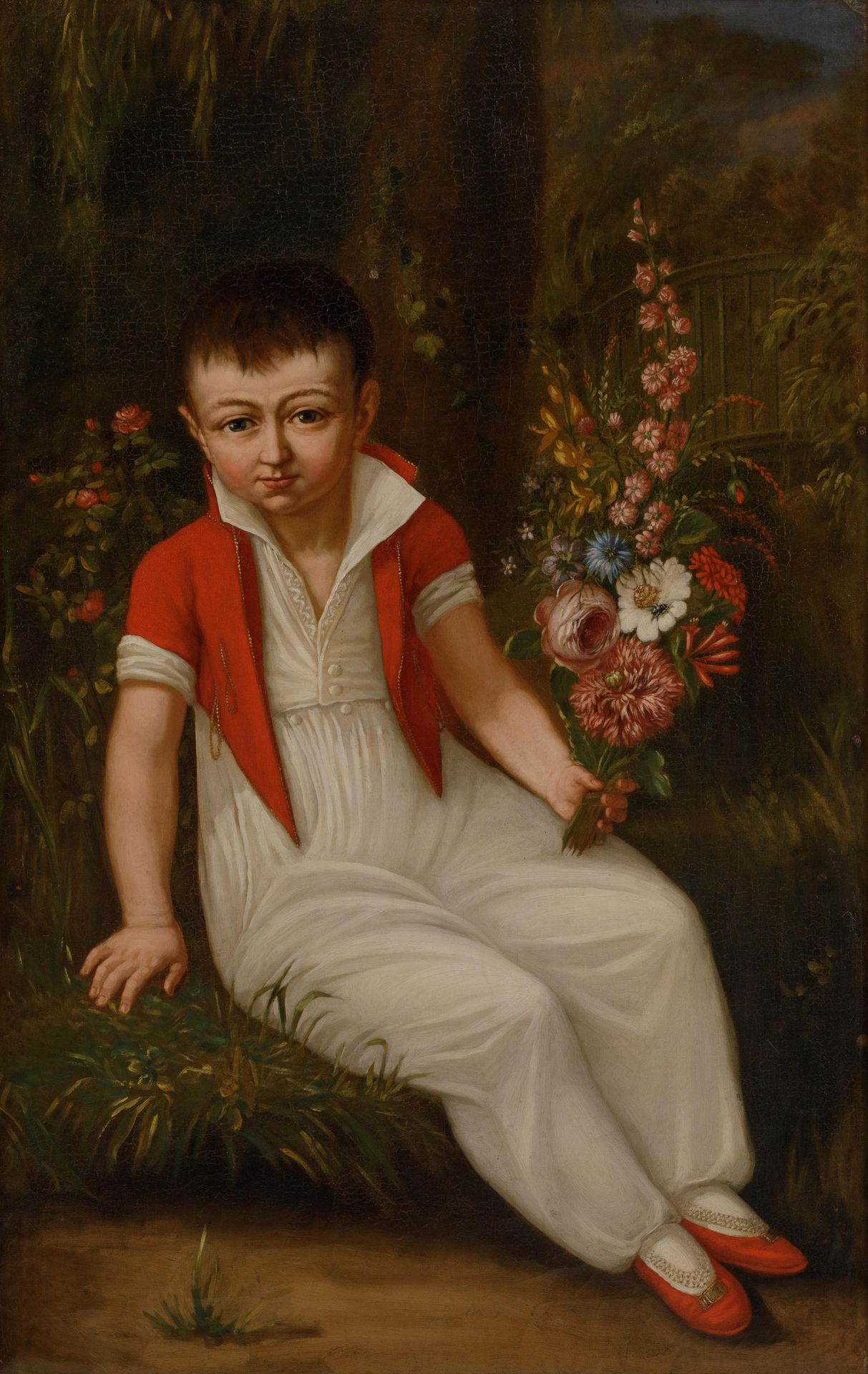 ANONIEM / ANONYME XIX Spanje/ Espagne 穿着红色开衫和鞋子的白衣男孩和花束。

布质。



97 x 61 cm (130&hellip;