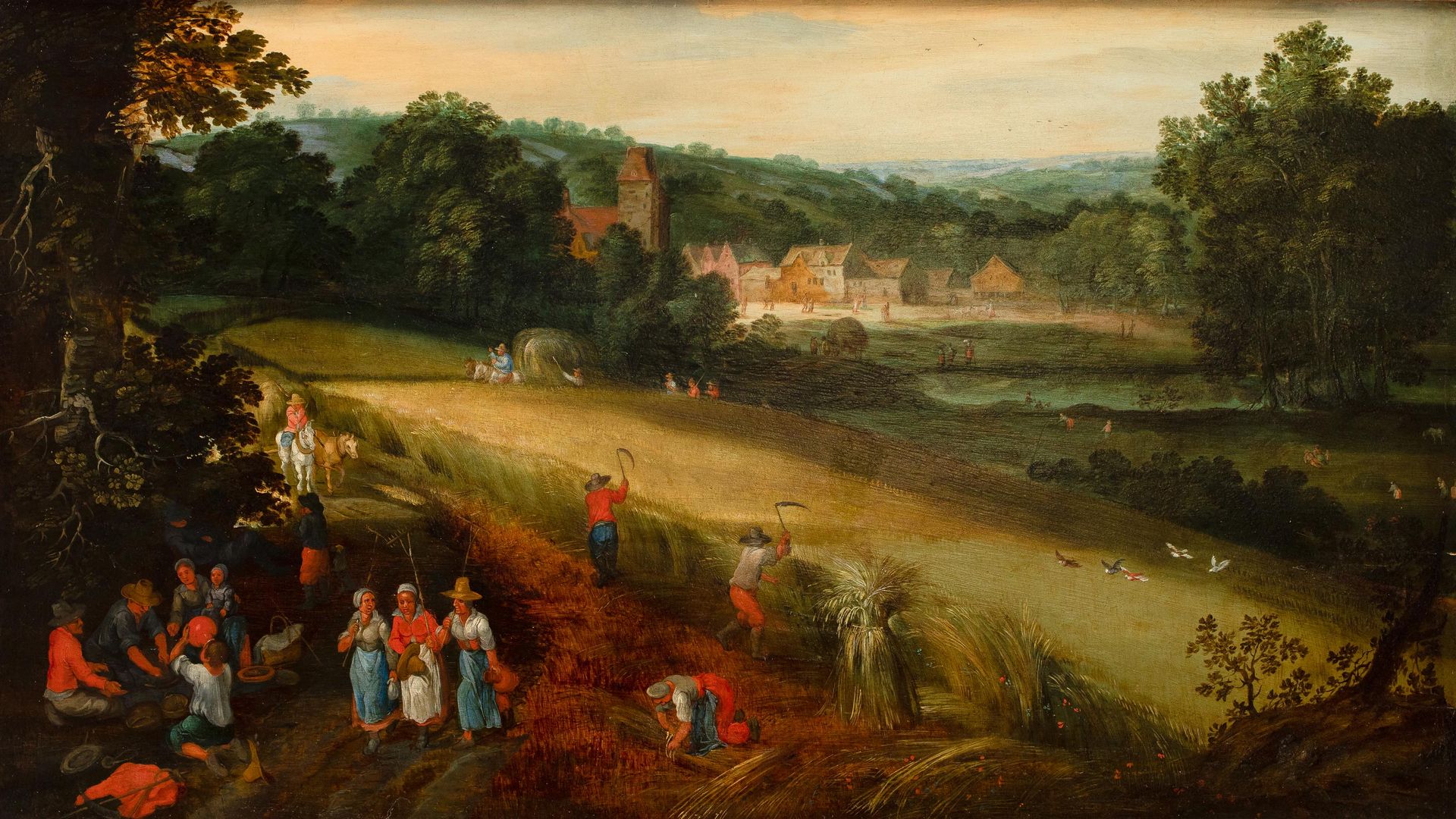 JAN BRUEGHEL I (1568-1625) (模仿者)

有玉米收获的风景（寓意夏天？）

小组。

出处和照片证明。

弗洛伦斯-德-沃尔代尔画廊，&hellip;