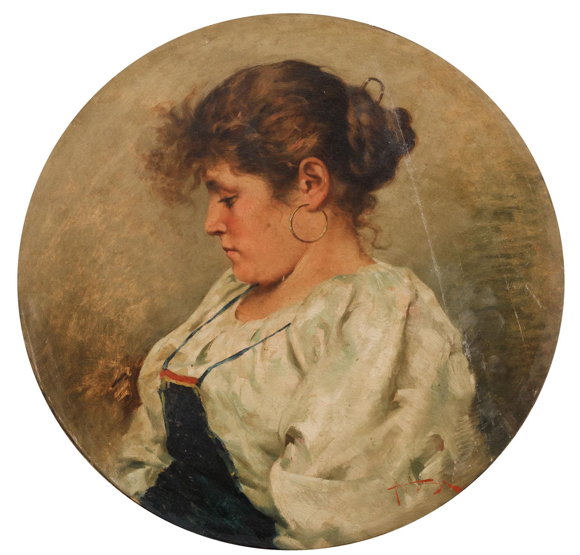 ANGIOLO TOMMASI (1858-1923) 羊皮纸上的油彩大手鼓，上面有半身不遂的年轻女子的形象。

署名 "Angiolo Tommasi"。

&hellip;