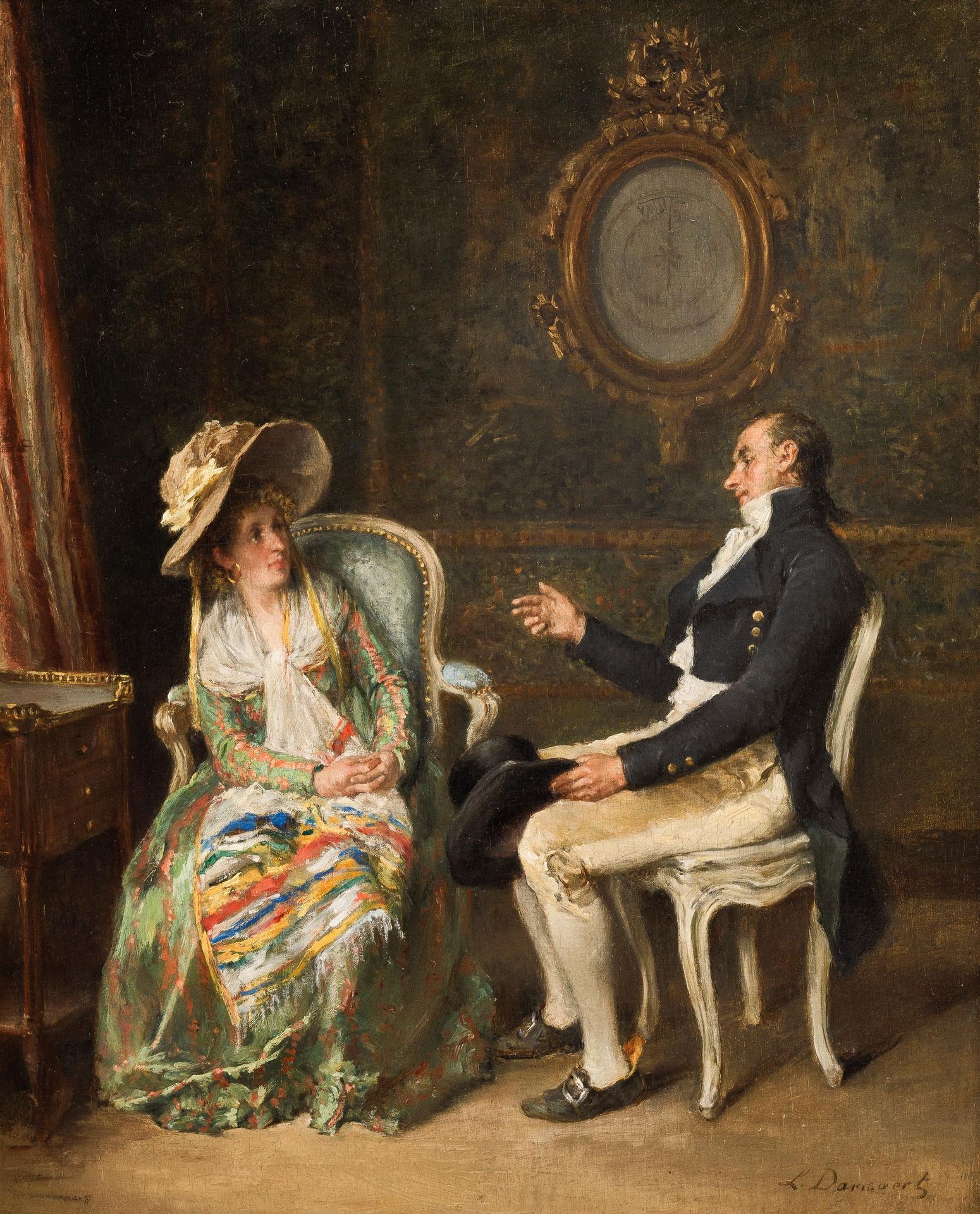 Léon DANSAERT (1830-1909) 亲密交谈。

面板（桃花心木）。

签名为 "L.Dansaert'.



48 x 38厘米（65.5 &hellip;