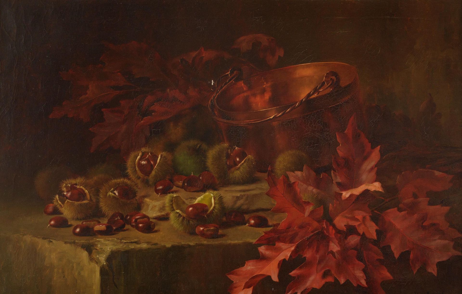 EDWARD VAN RIJSWIJCK (1871-1931) Still life with chestnuts and a copper kettle. &hellip;