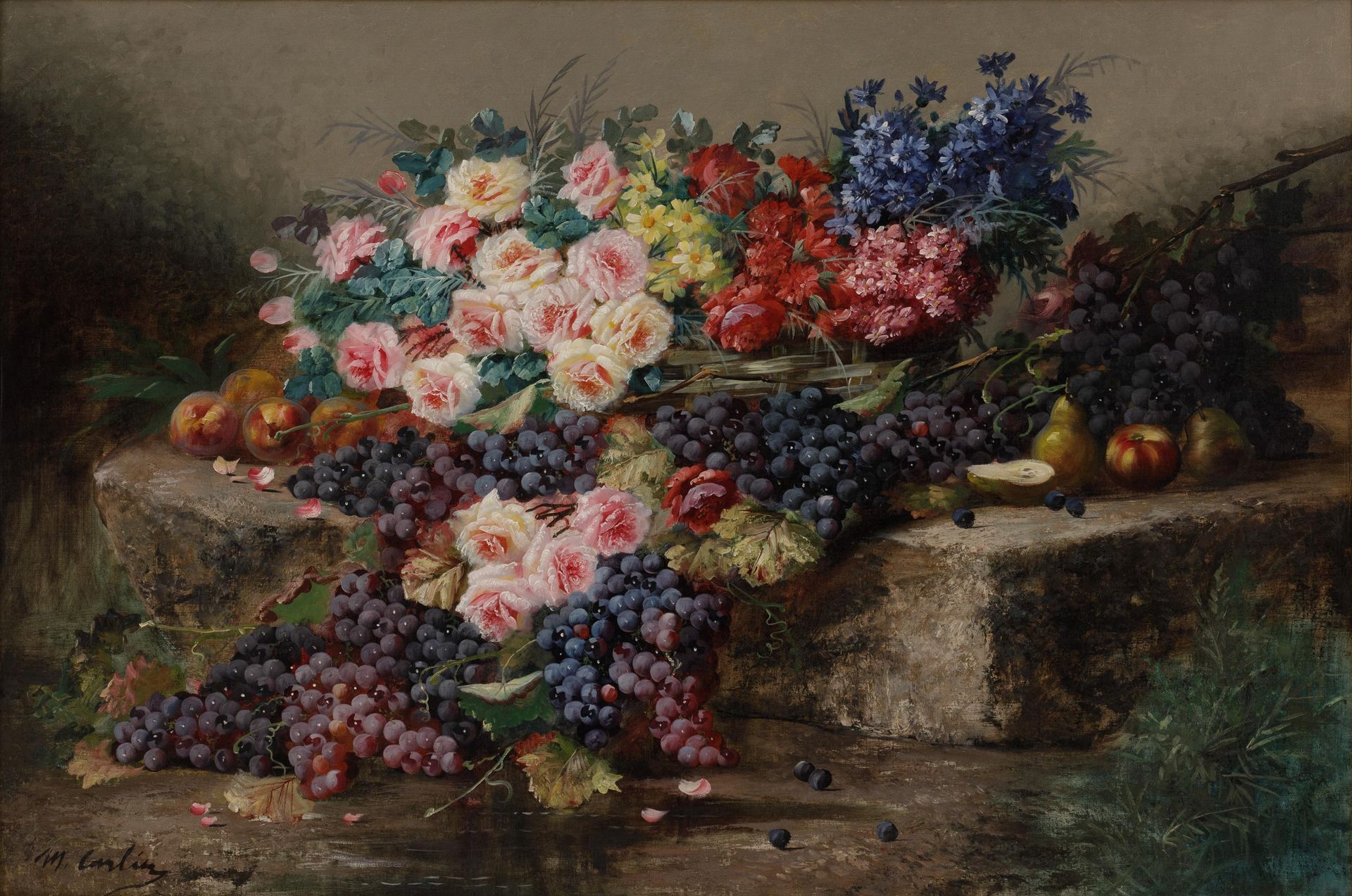Max Carlier (1872-1938) 石头平台上的鲜花、成串的葡萄、桃子、苹果和梨子的静物画。

布质。签名为 "M.卡里尔'。

鎏金框架。



&hellip;