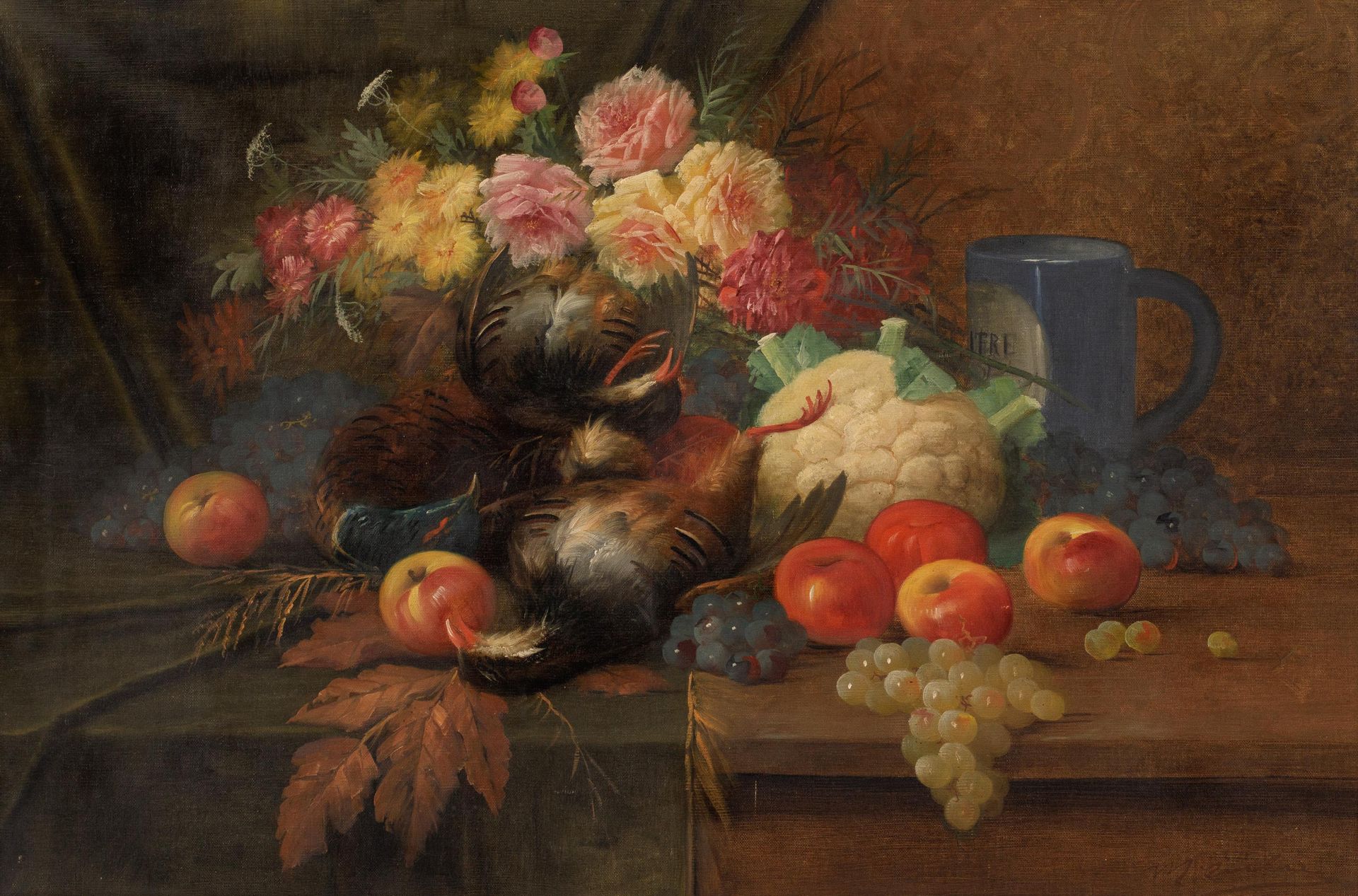 Max Carlier (1872-1938) Still life with poultry, fruit and flowers. 


Canvas. 
&hellip;