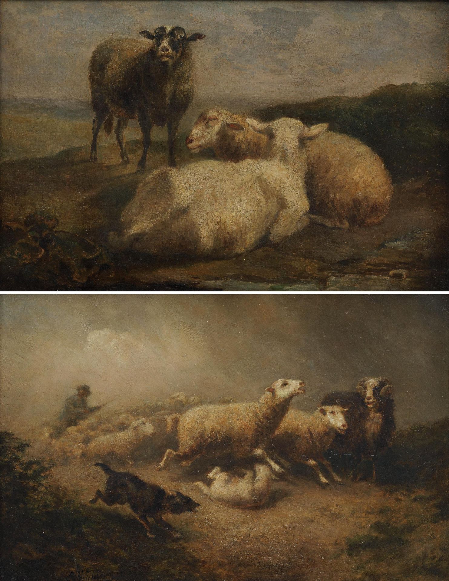 Edouard WOUTERMAERTENS (1819-1897) Moutons au repos et poursuivis d'un chien ber&hellip;