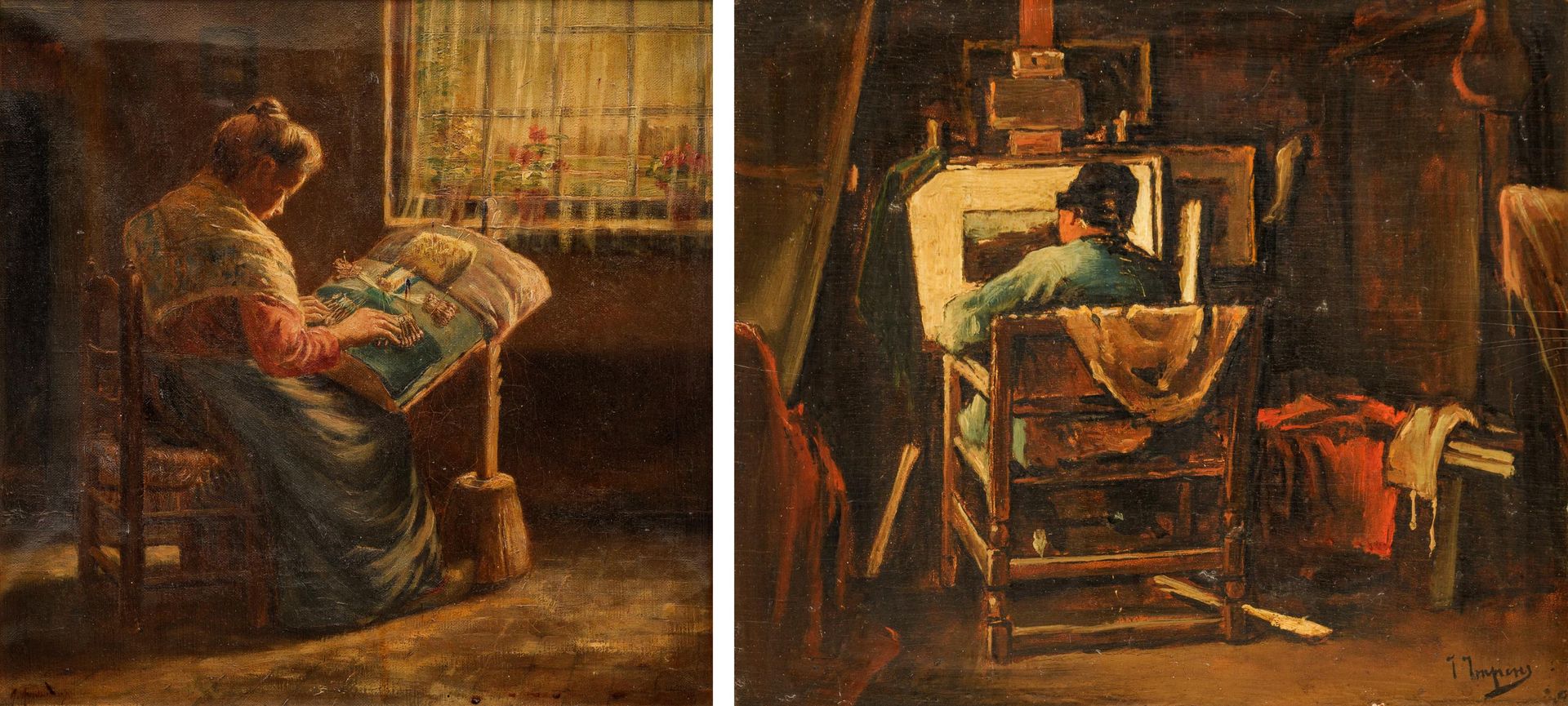 Josse Impens (1840-1905) 在工作室。

面板（桃花心木）。

签名为 "J Impens"。

背面标签上的标题，难以辨认。



附上&hellip;