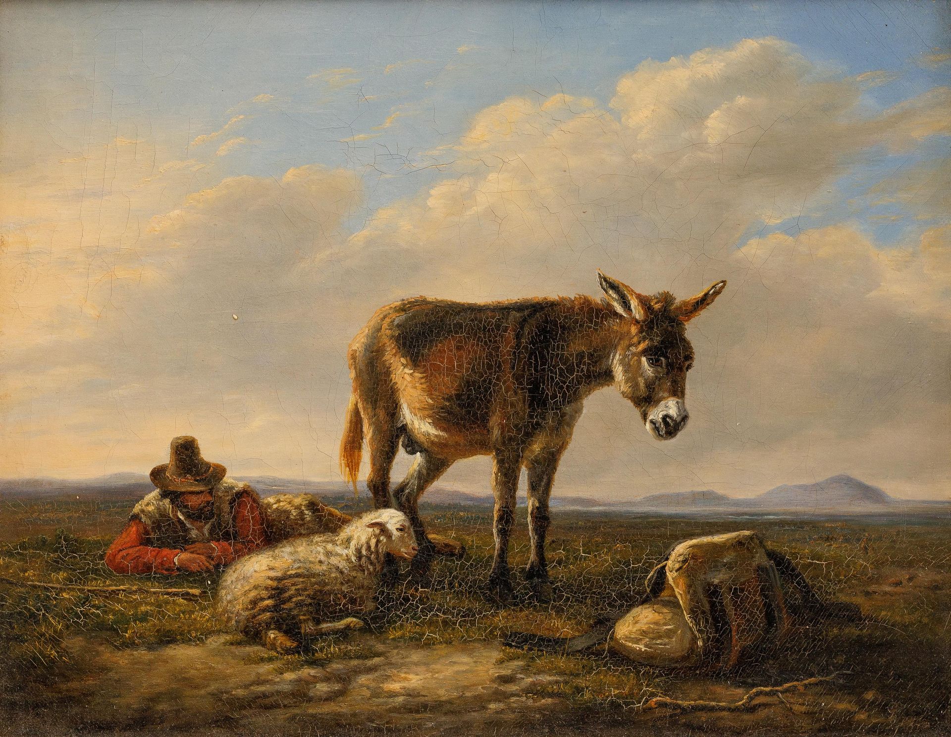 ANONIEM / ANONYME 2/2 XIX 休息的牧羊人，带着驴子和羊群。

布质。

框架。





出处。

't Fraulahofje古董店,&hellip;