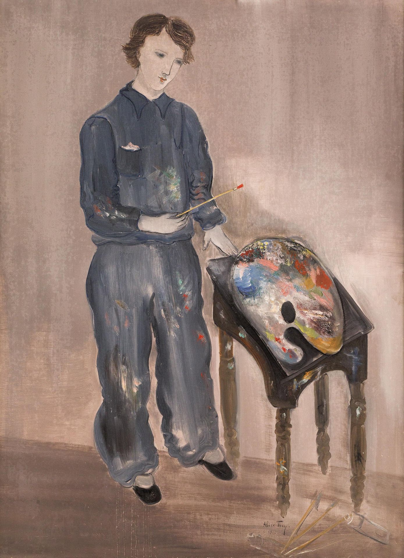 ALICE FREY (1895-1981) 马氏调色板》，1936年。

布质。

签名并注明 "爱丽丝-弗雷/1936"。

背面有标题、签名和地址。

博&hellip;