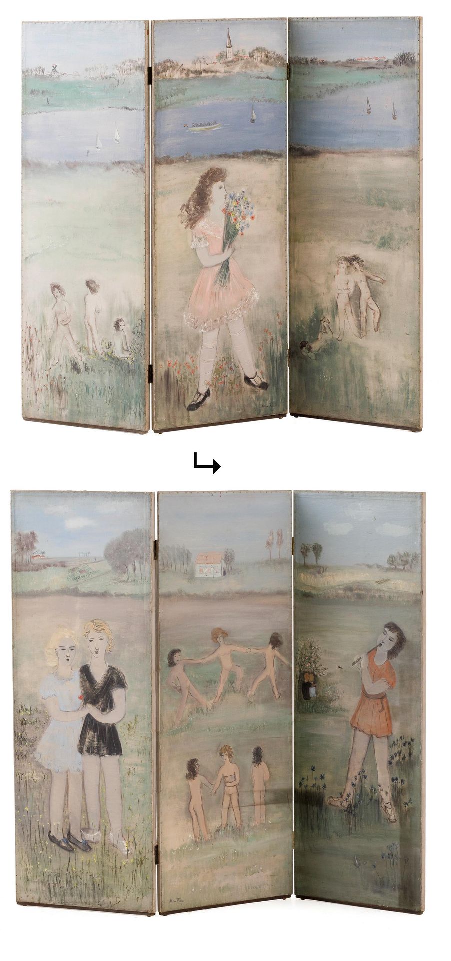 ALICE FREY (1895-1981) 夏天的场景，有洗澡的人，花姑娘，河上的船和远处的村庄。

布面油画的三件套折叠屏风。双面的。

签名为 "爱丽丝-&hellip;