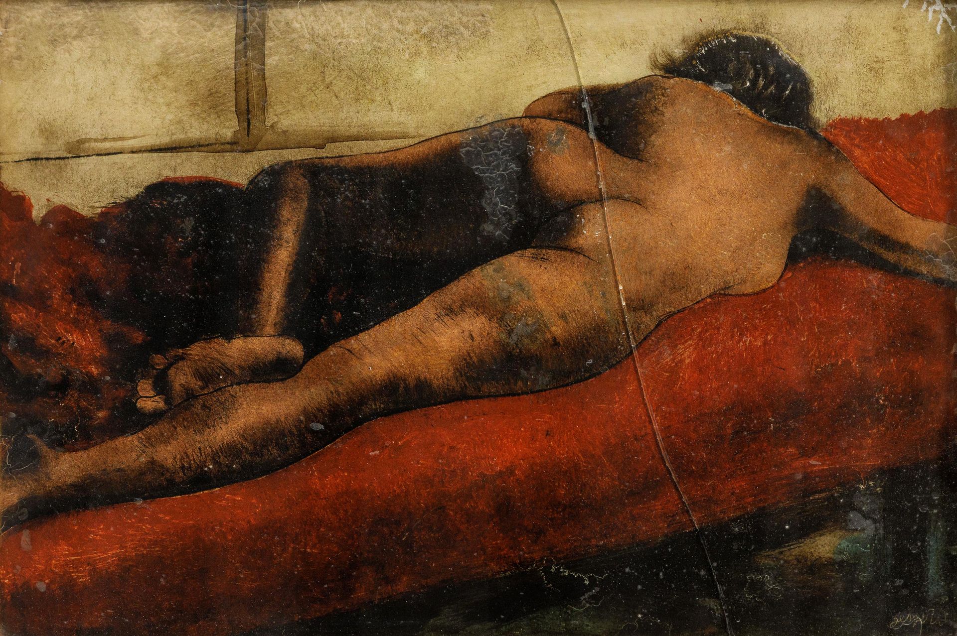 Floris JESPERS (1889-1965) 躺着的裸体。

后面的玻璃画。

签名为 "Jespers"。

横向断裂。

出处。

G.坎波；向弗洛&hellip;