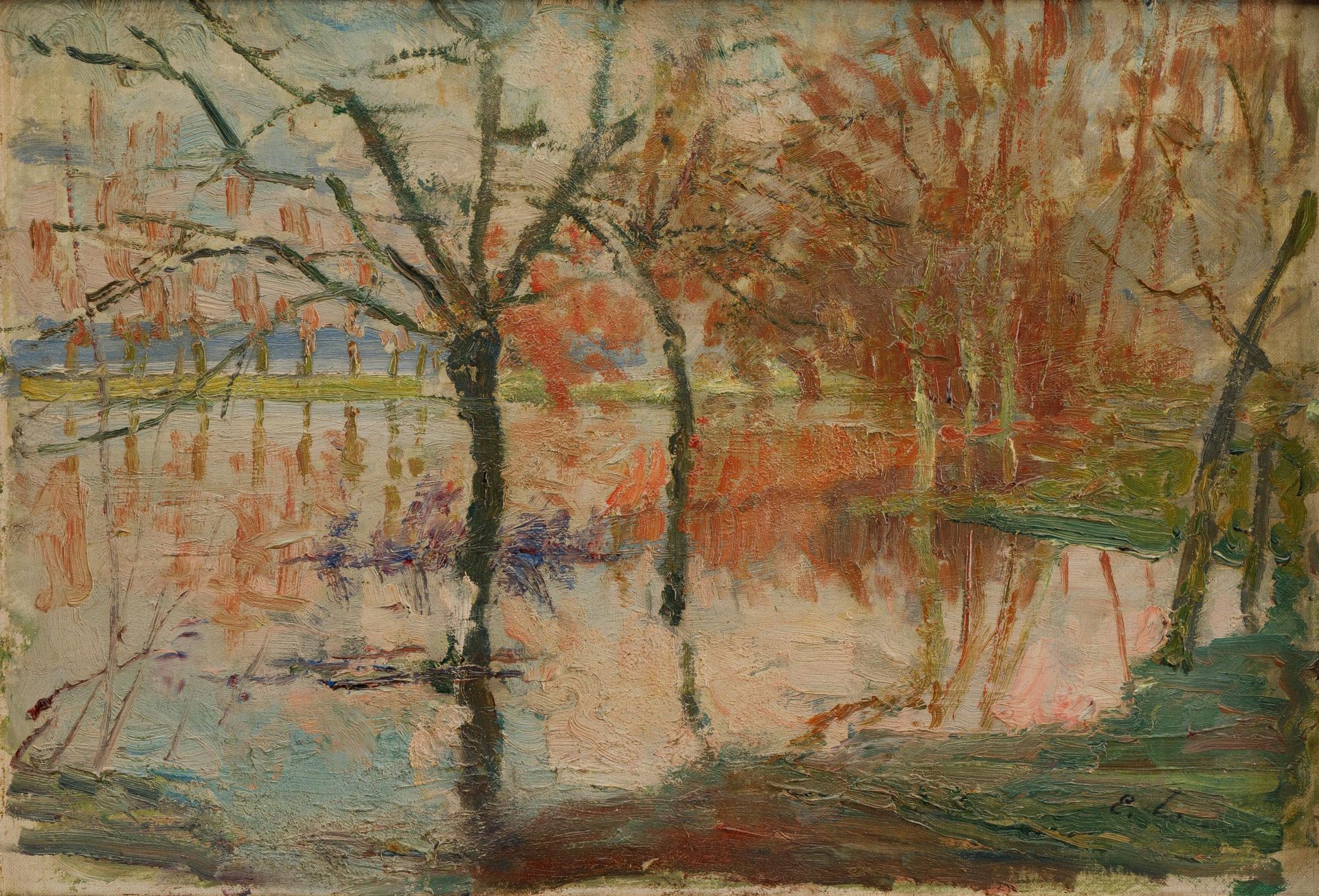 Emile Claus (1849-1924) 被淹没的草场。

小组。

签名："E.C. "字样。

出处。

埃米尔-克劳斯的继承人表弟

26 x 38&hellip;