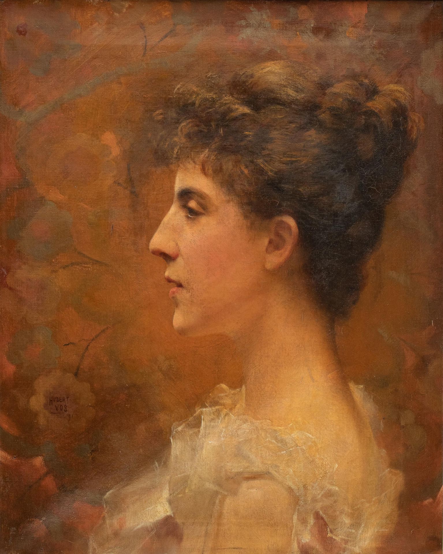 Hubert VOS (1855-1935) 一个女孩的侧面肖像，1891年。

布质。

签名和日期为 "Hubert Vos/ 91"。

51 x 41厘&hellip;